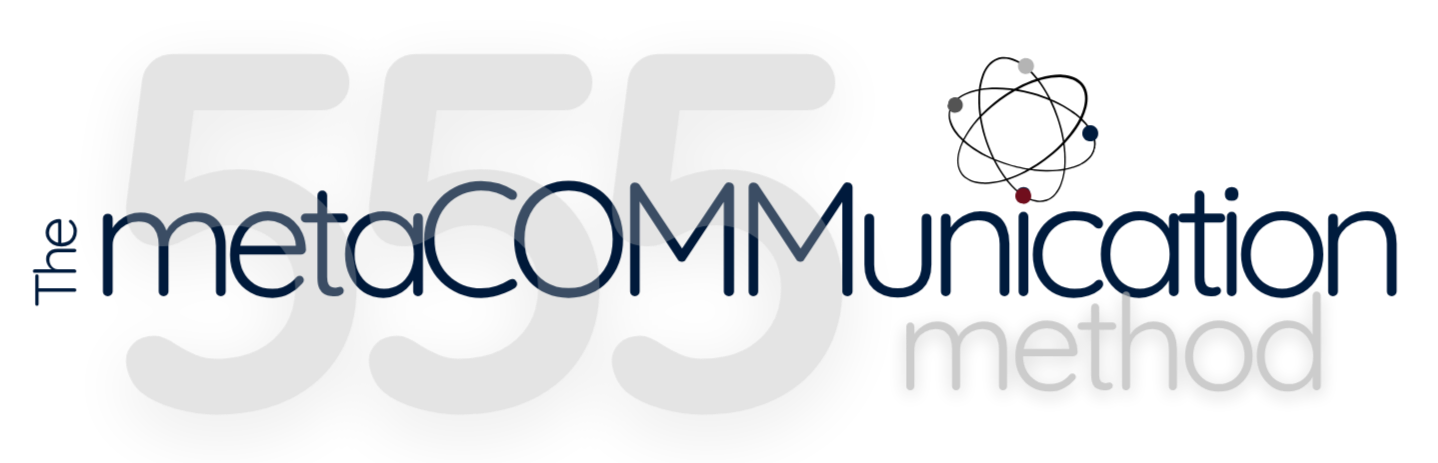 A logo with the text '555' in large gray font, overlaid with smaller words 'metacommunication' in blue and purple, and 'method' in gray.