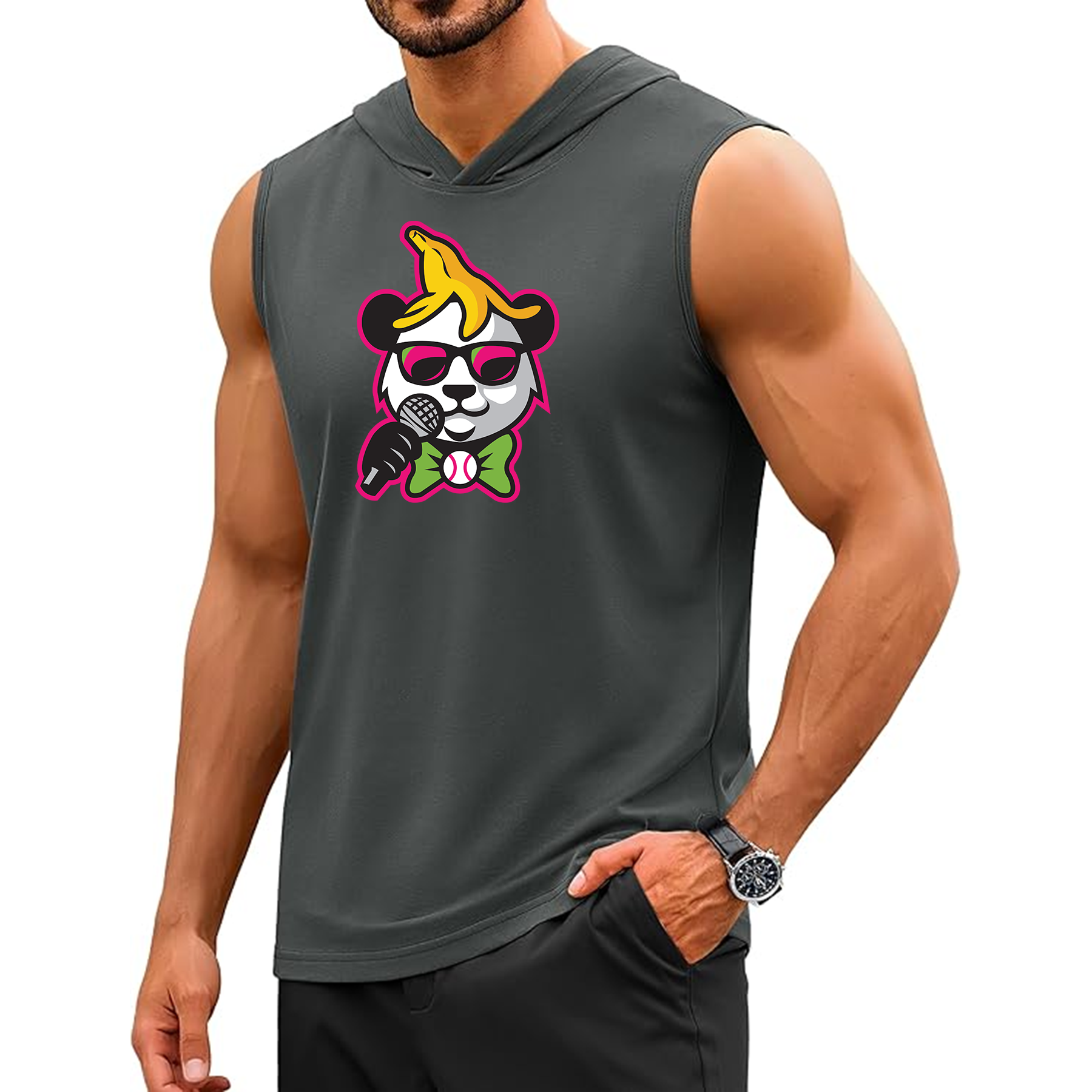 Panda Logo Sleeveless Hooded Shirt - Dark Gray