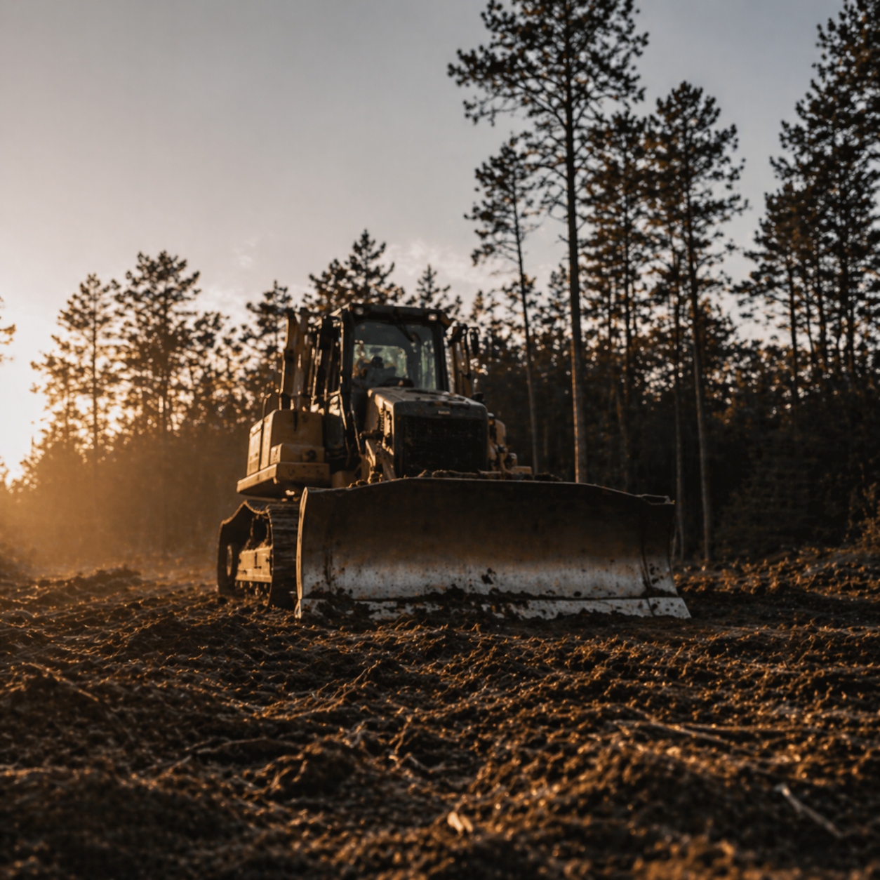 A bulldozer working on a dirt field during sunset, with trees in the background.