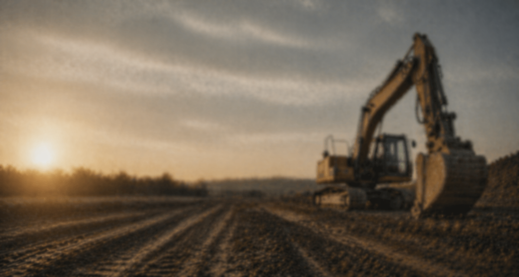 A large excavator on a farm field during sunset, with a cloudy sky overhead.