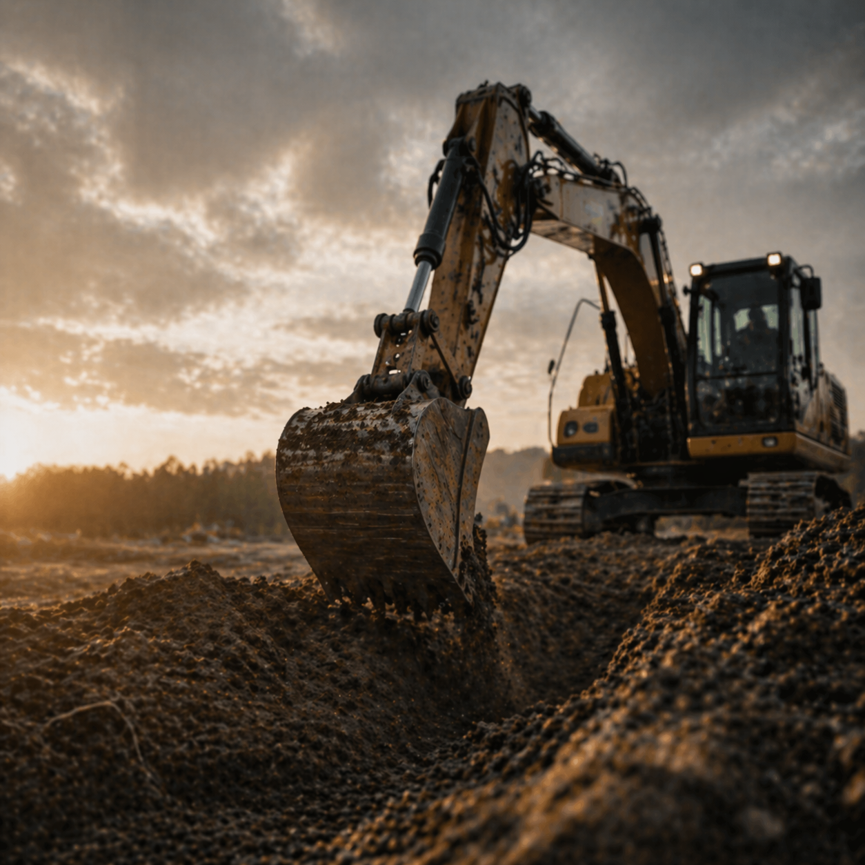 A large yellow excavator digging in the dirt during sunset, with a cloudy sky overhead.