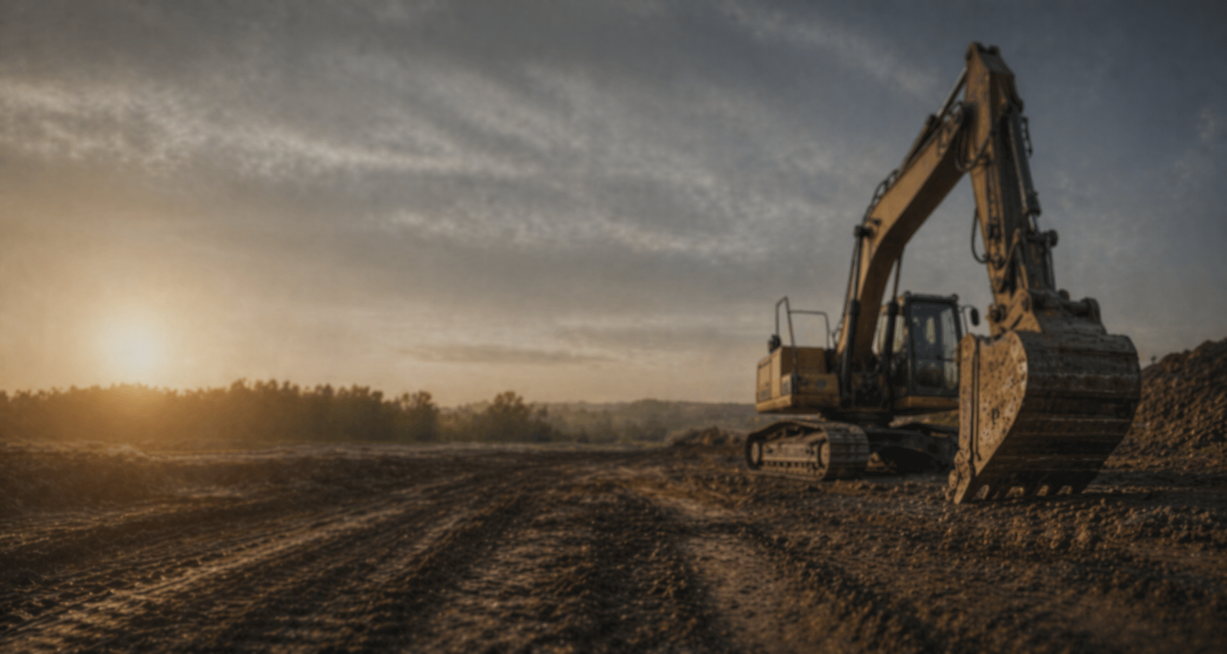 A construction excavator in a dirt lot during sunset with a cloudy sky.