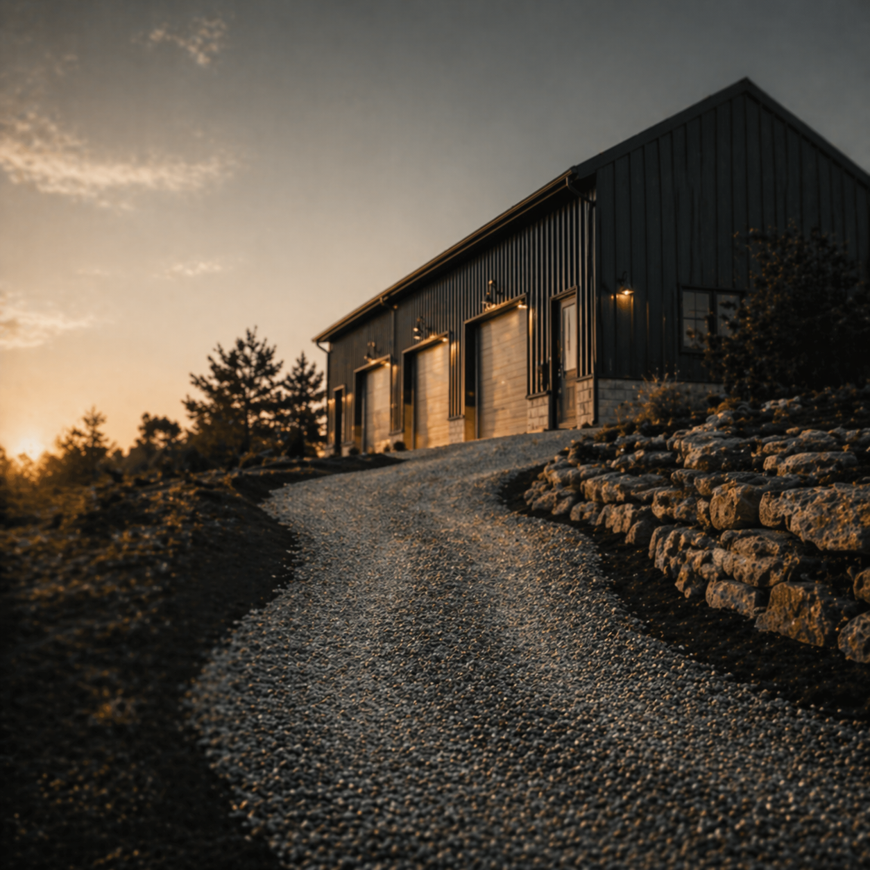 A modern barn-style building with large garage doors, situated on a gravel driveway, during sunset with trees and a stone retaining wall on the sides.