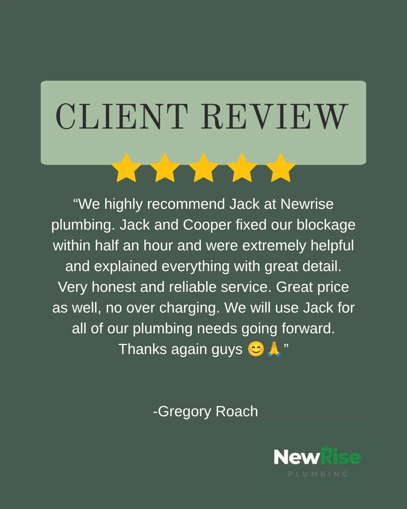 CLIENT REVIEW ⭐️⭐️⭐️⭐️⭐️

Another 5 star review from a happy customer. We love receiving feedback from our clients, thank you Gregory for taking the time to review us! 

#5star #plumbing #premiumquality #business #review