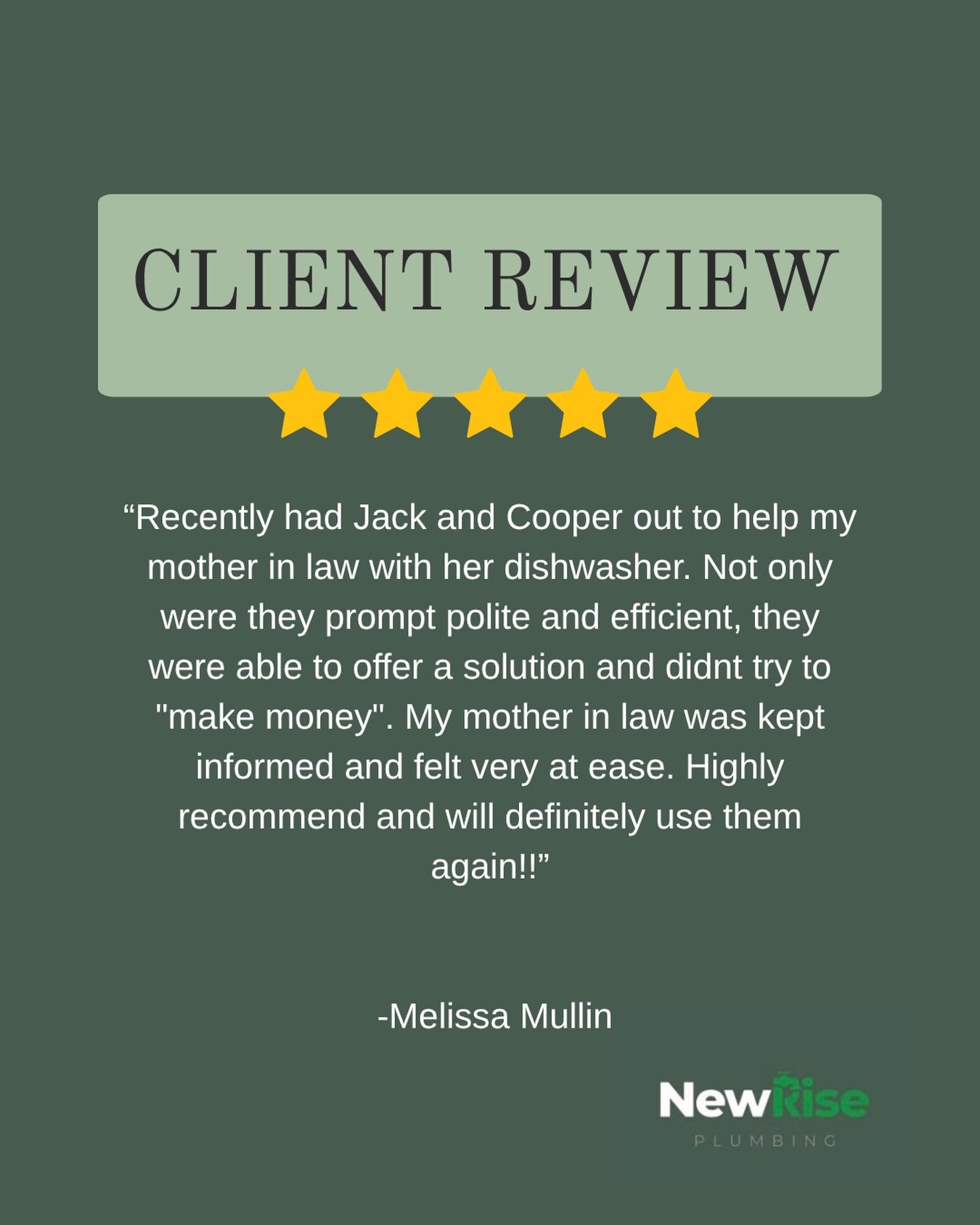 CLIENT REVIEW ⭐️⭐️⭐️⭐️⭐️

We love receiving feedback from clients! Thank you Melissa for taking the time to recommend us at NewRise Plumbing. 

#plumber #happycustomer #clientreview #feedback #5star