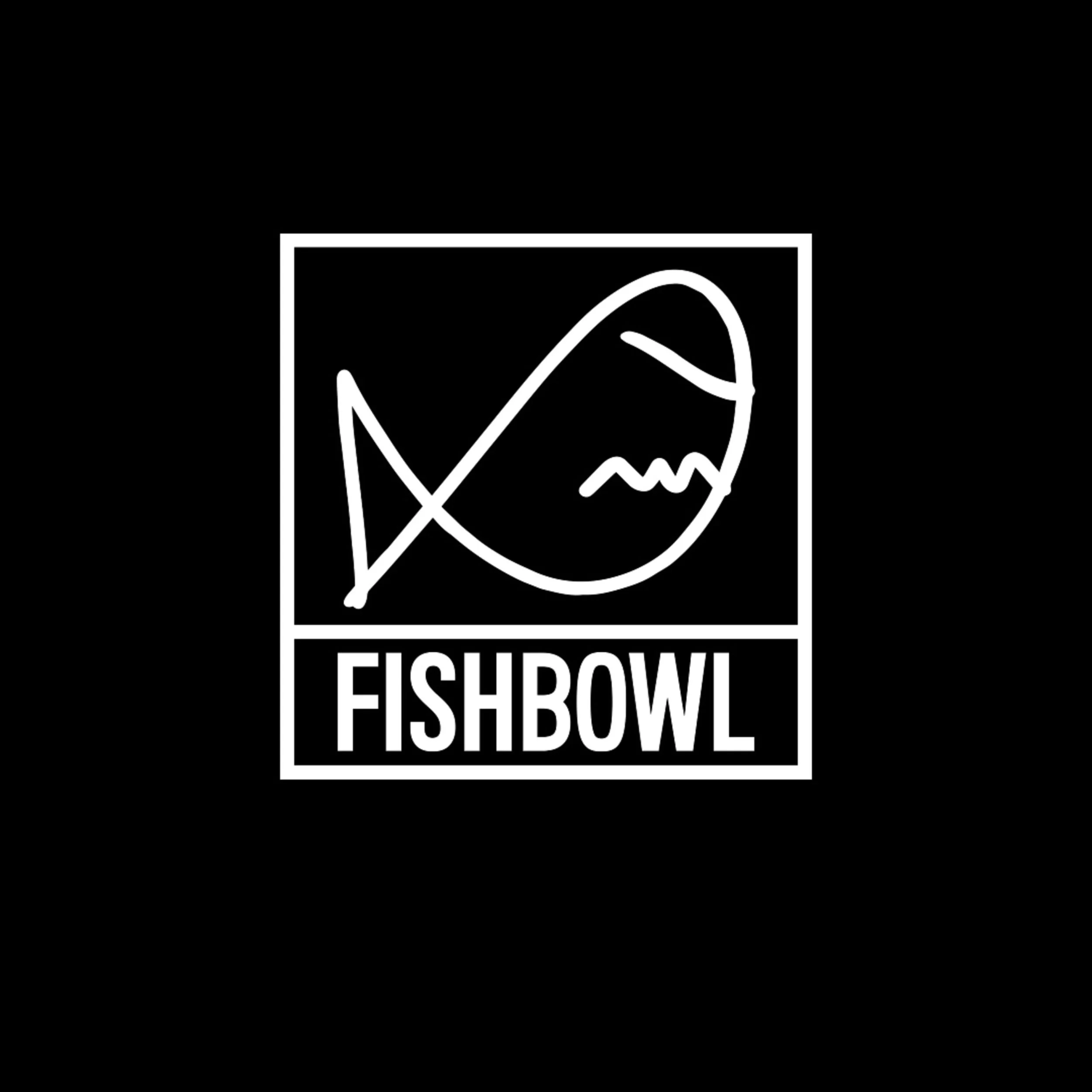 Black background with a white line drawing of a shark's head inside a rectangle and the word 'FISHBOWL' at the bottom