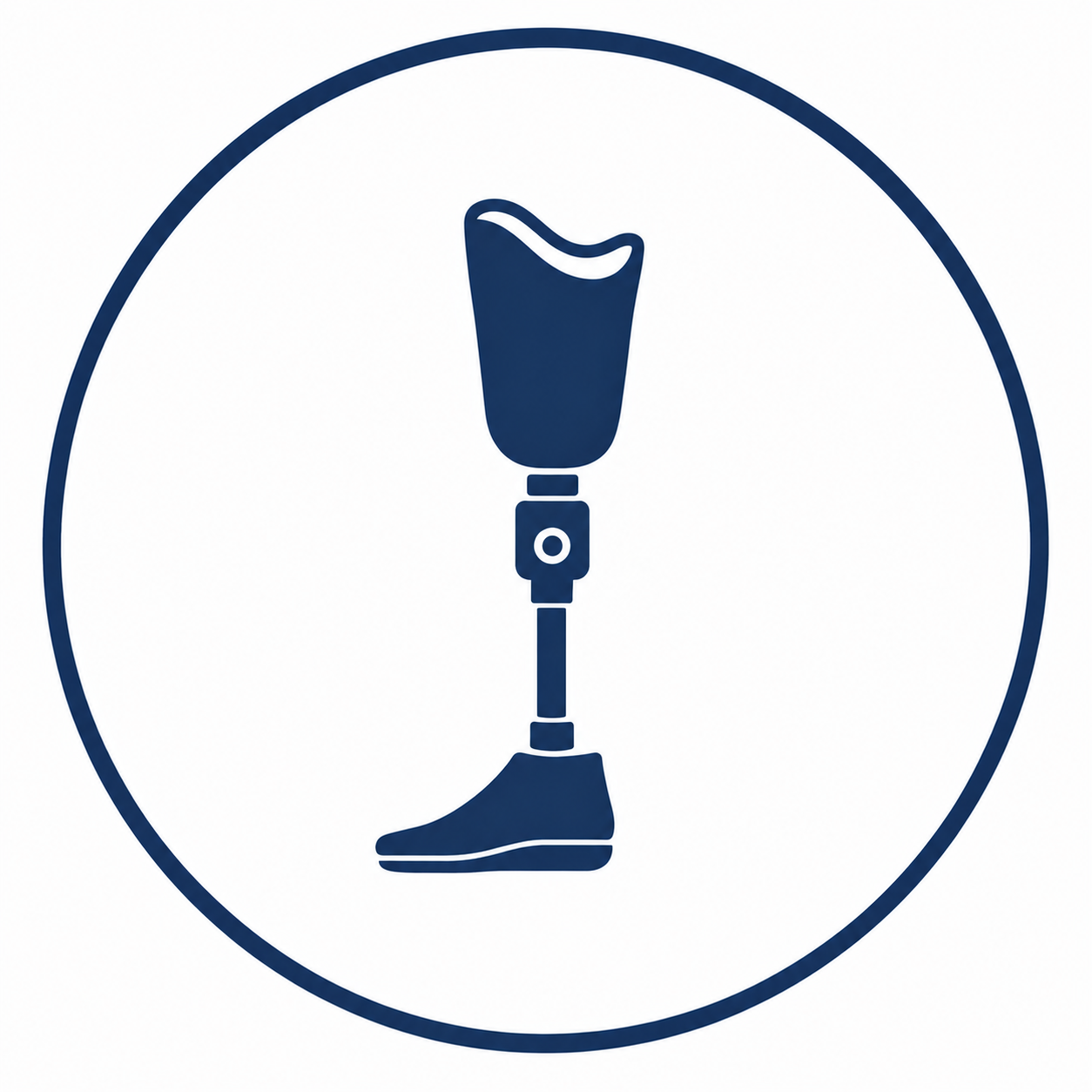 Icon of a prosthetic leg inside a circular border.