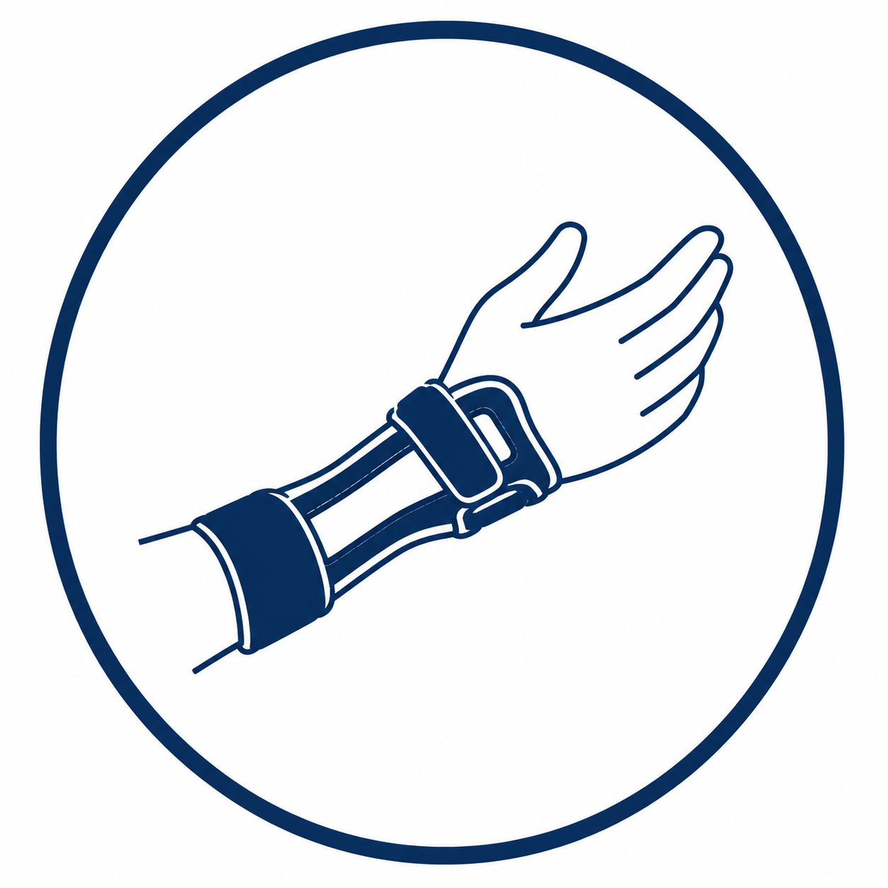 Illustration of a human hand with a prosthetic or robotic arm, within a circle.