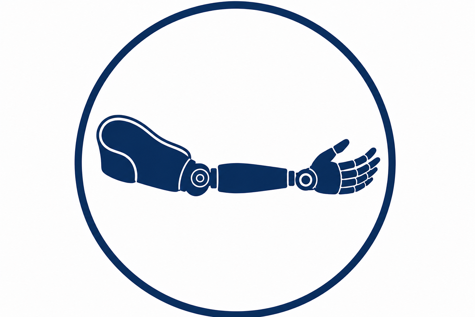 Icon of a robotic arm and hand inside a circle.