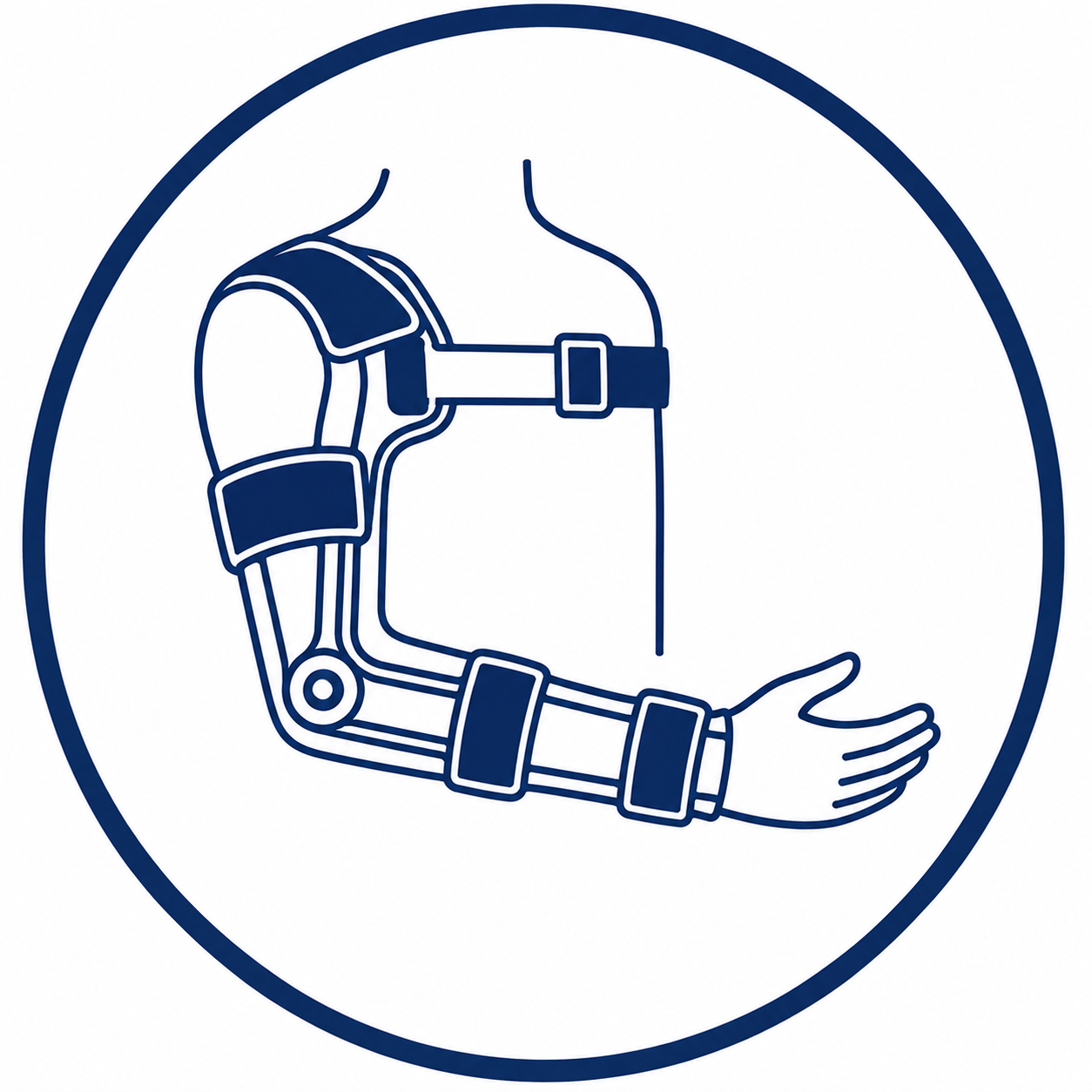 Medical illustration of a hospital arm with an IV drip and an arm with a brace, inside a circular border.