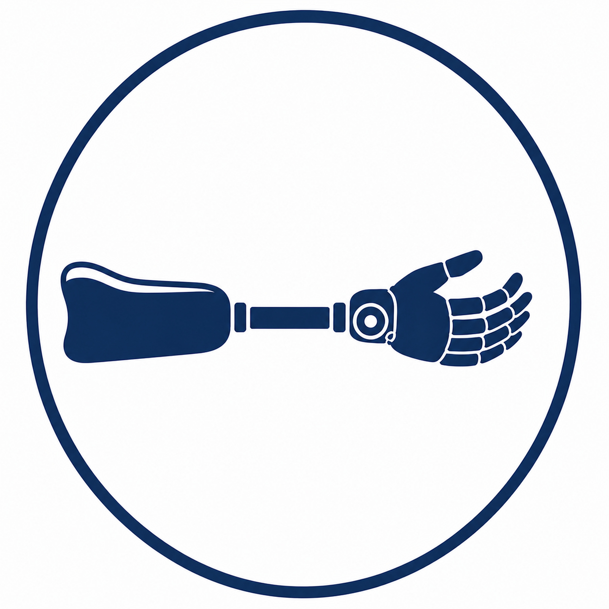 Icon of a robotic arm with a human hand at the end of the robotic limb, enclosed in a circular border.