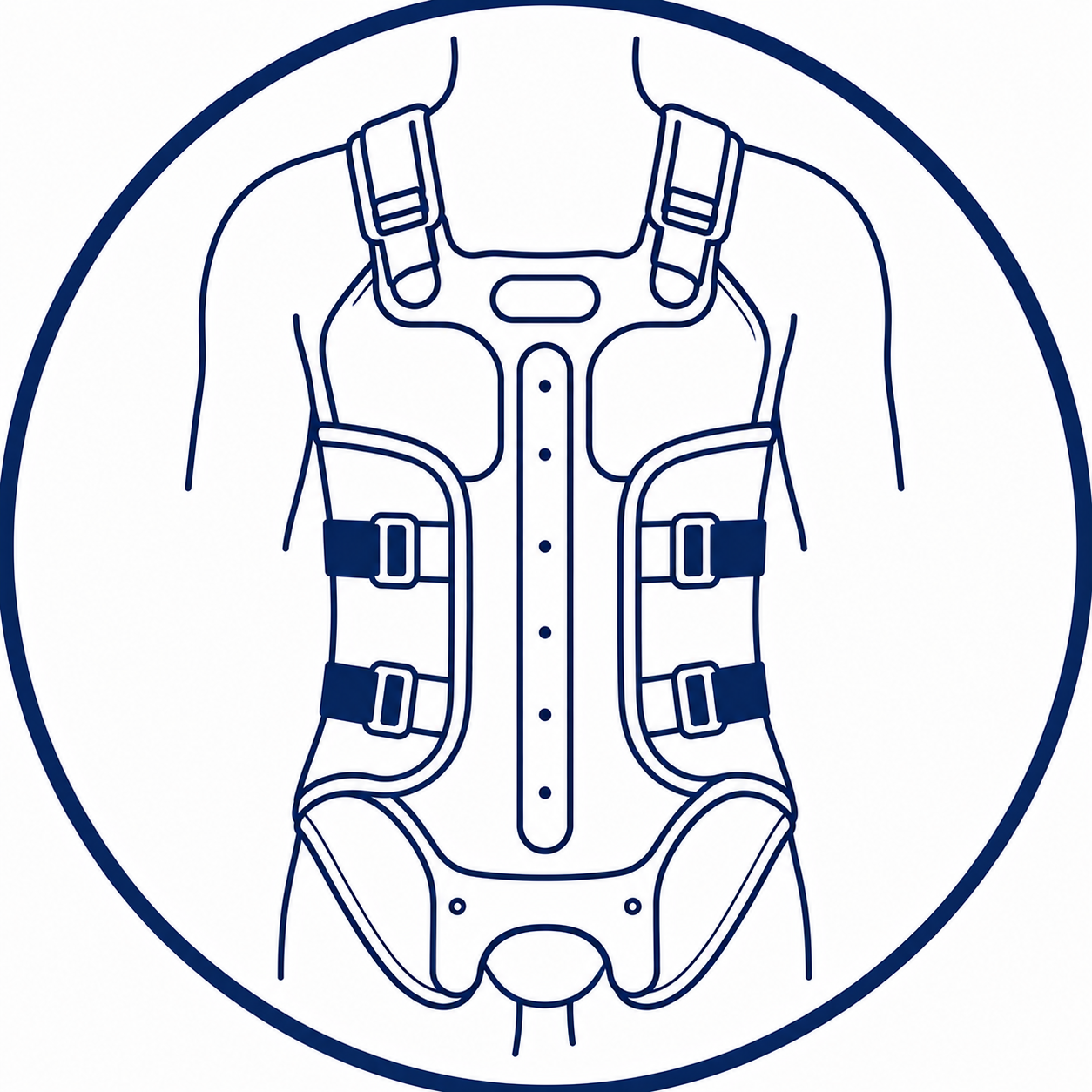 Line drawing of a person wearing a safety harness with adjustable straps and buckles, viewed from the front, inside a circular border.