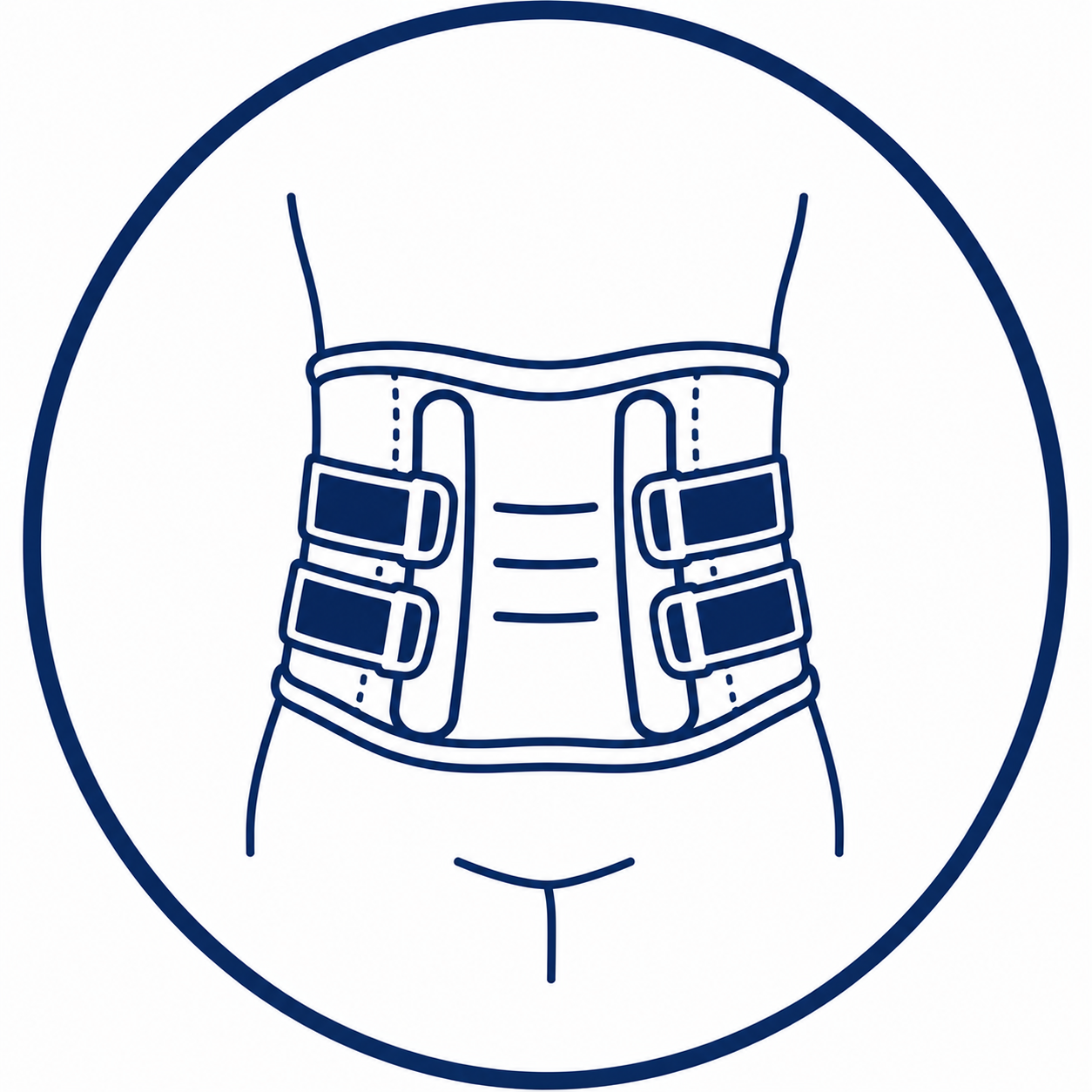 Line drawing of a back brace with adjustable straps worn by a person.
