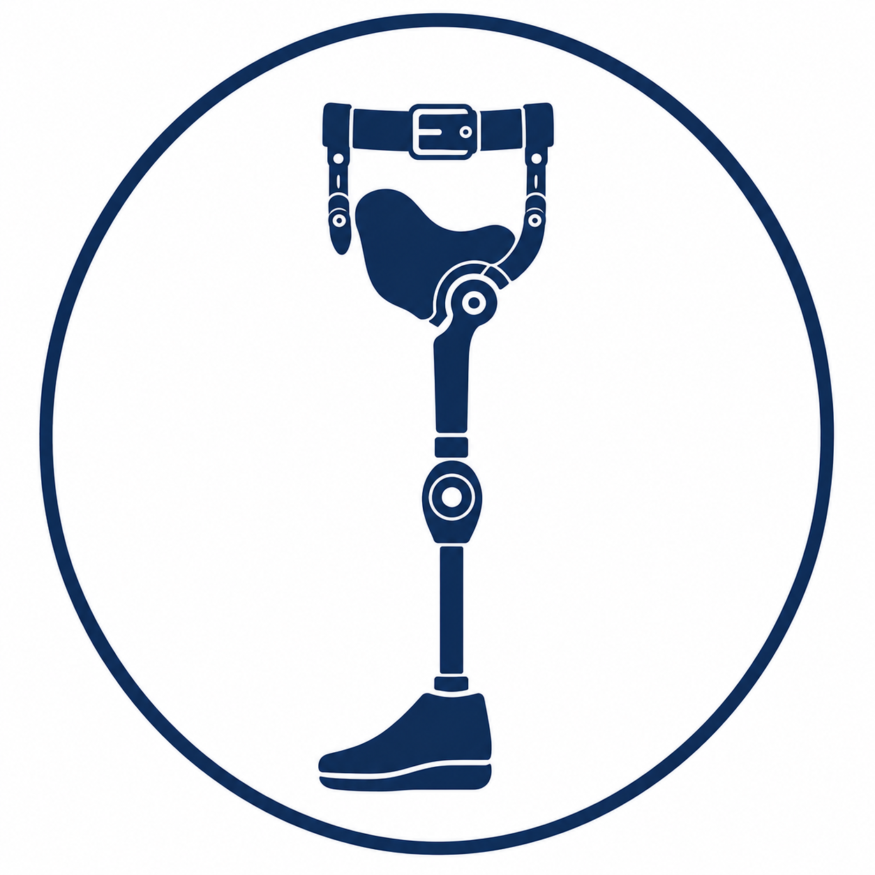 Stylized illustration of a prosthetic leg with knee, ankle, and foot components, enclosed in a circular border.