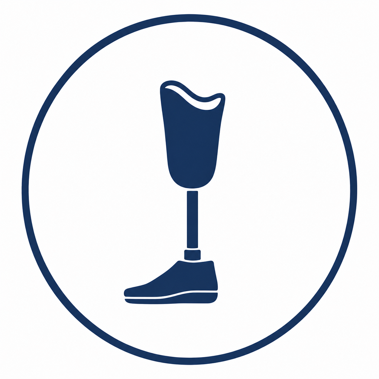 Prosthetic leg icon with a shoe and a vertical limb in a circular outline.