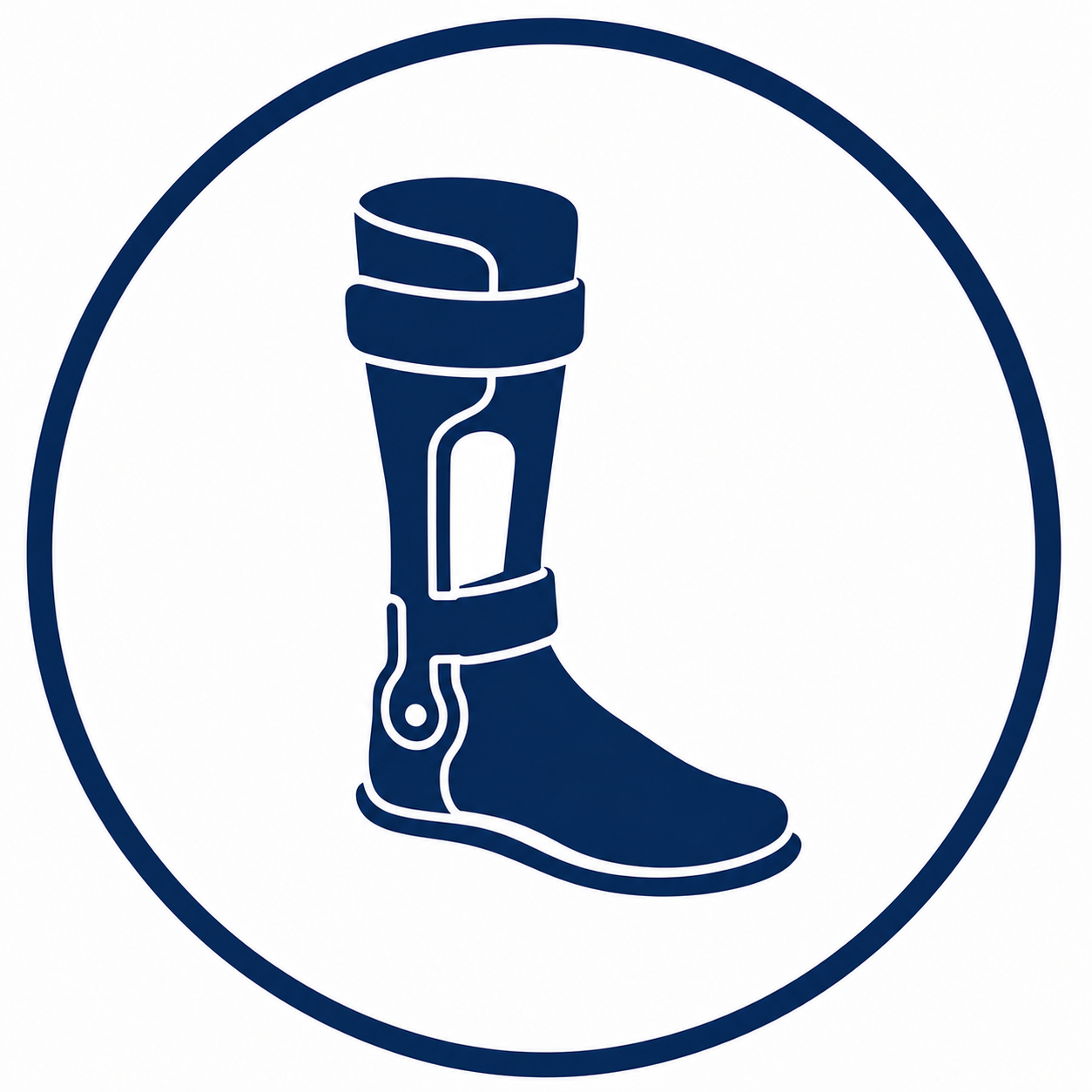Icon of a medical walking boot in dark blue enclosed in a dark blue circle.