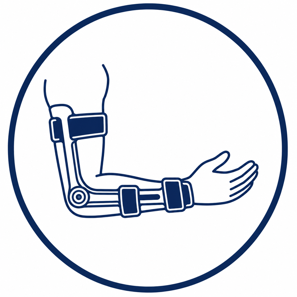Graphic illustration of an artificial arm and hand within a circular border.