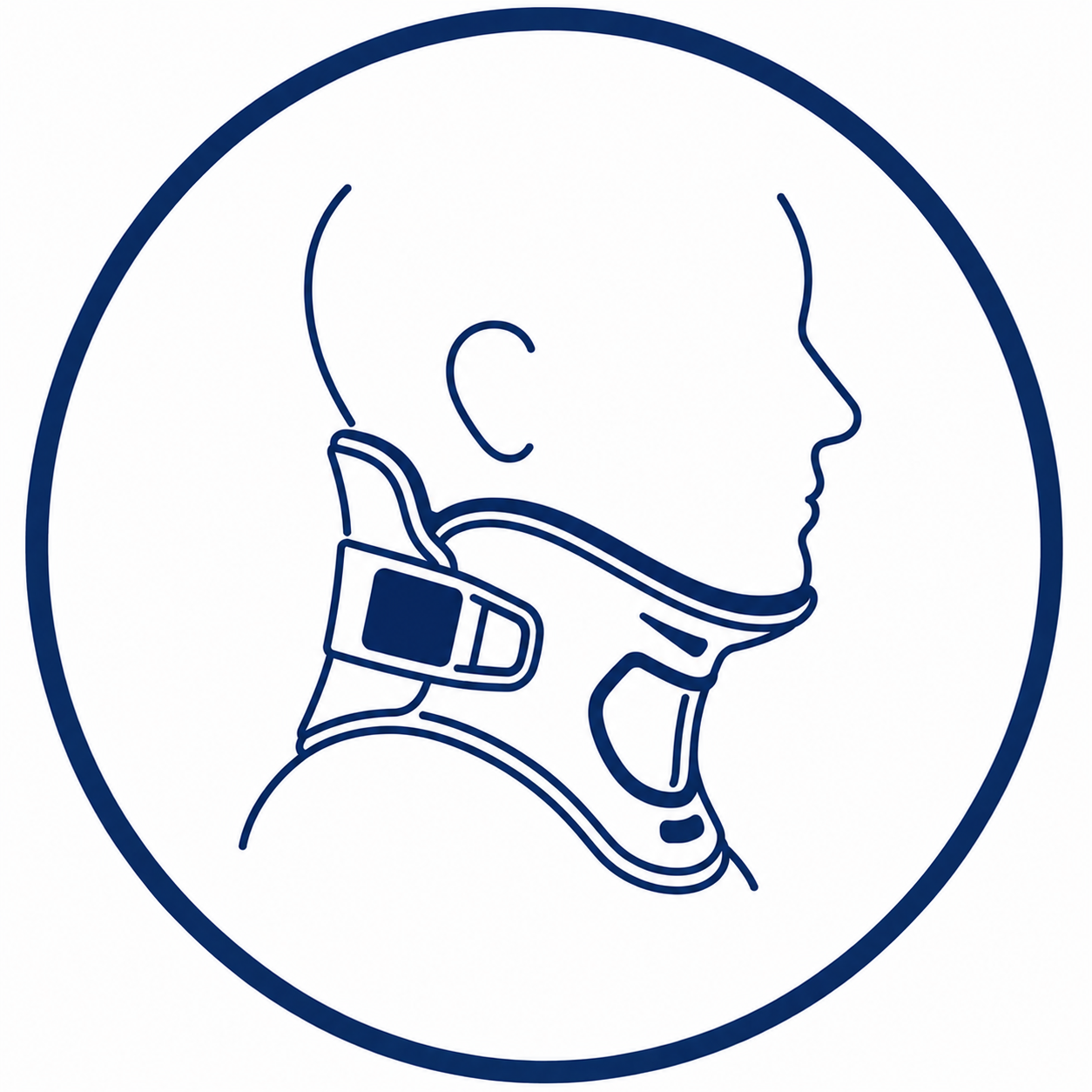 Outline of a person's side profile wearing a neck brace, enclosed in a circular frame.