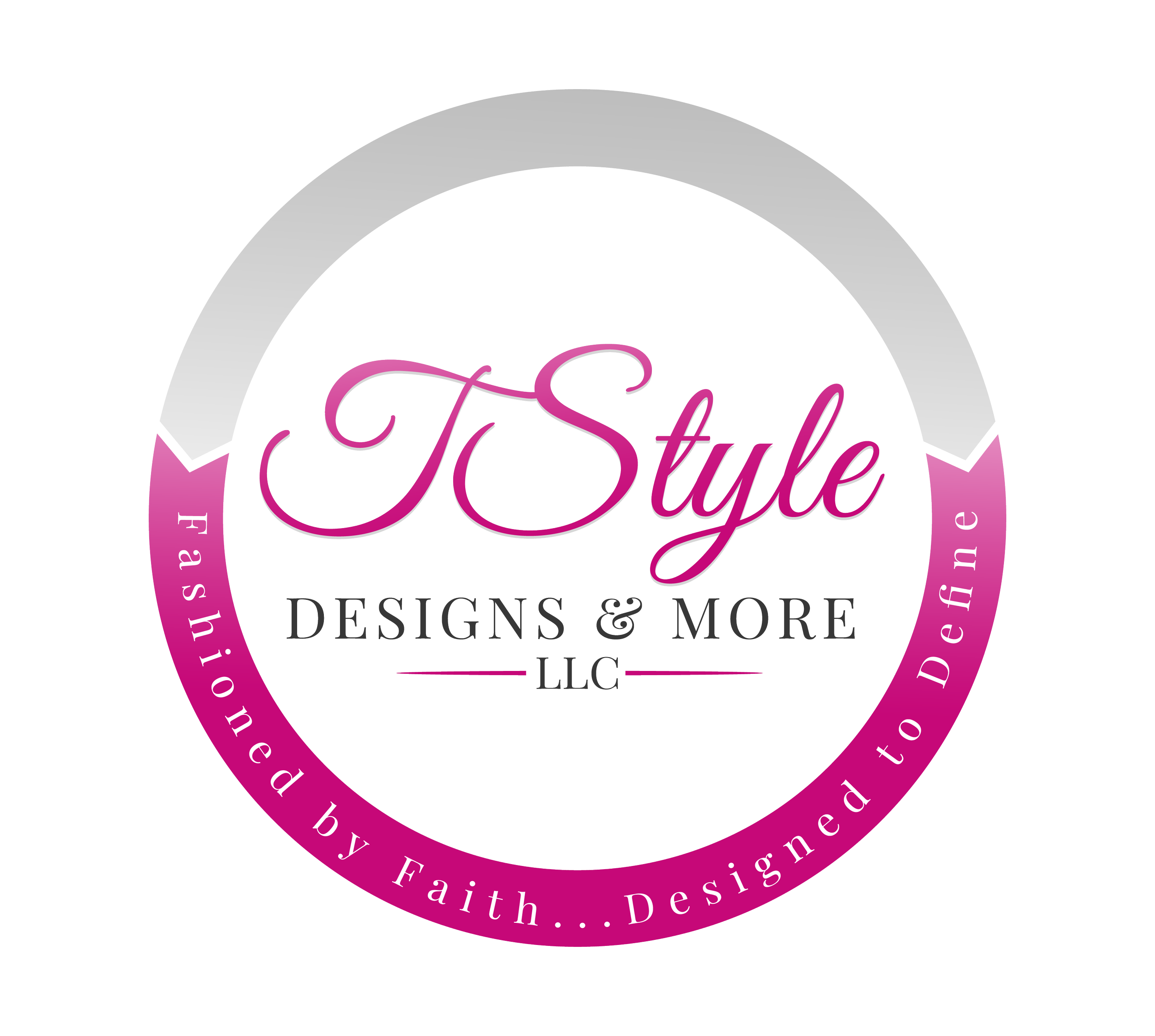 Pink circular logo with text that reads "Faith.. Designs & More" in the center and a border with website URL and phrase mentioning faith and design.