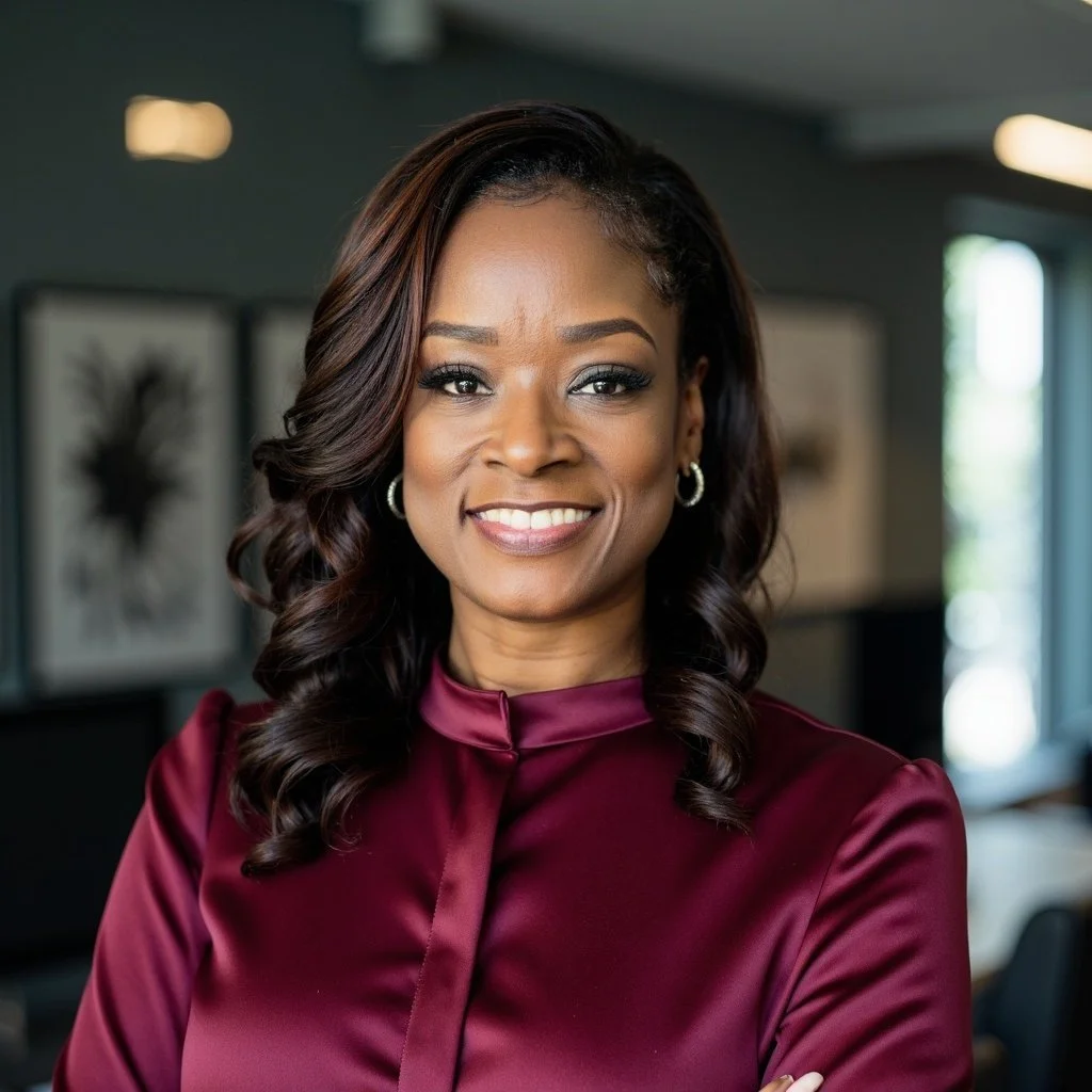 A smiling woman with wavy dark hair, wearing earrings and a burgundy satin blouse, standing in an indoor setting with framed artwork on the walls and large windows with natural light.