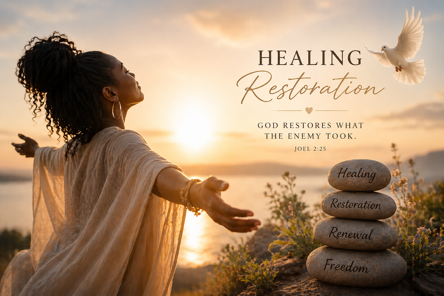 A woman with outstretched arms standing on a hill during sunset with a dove flying nearby, and a stack of four stones labeled Recovery, Restoration, Renewal, and Freedom, symbolizing healing and spiritual restoration, accompanied by text referencing biblical themes and scripture from Joel 2:25.