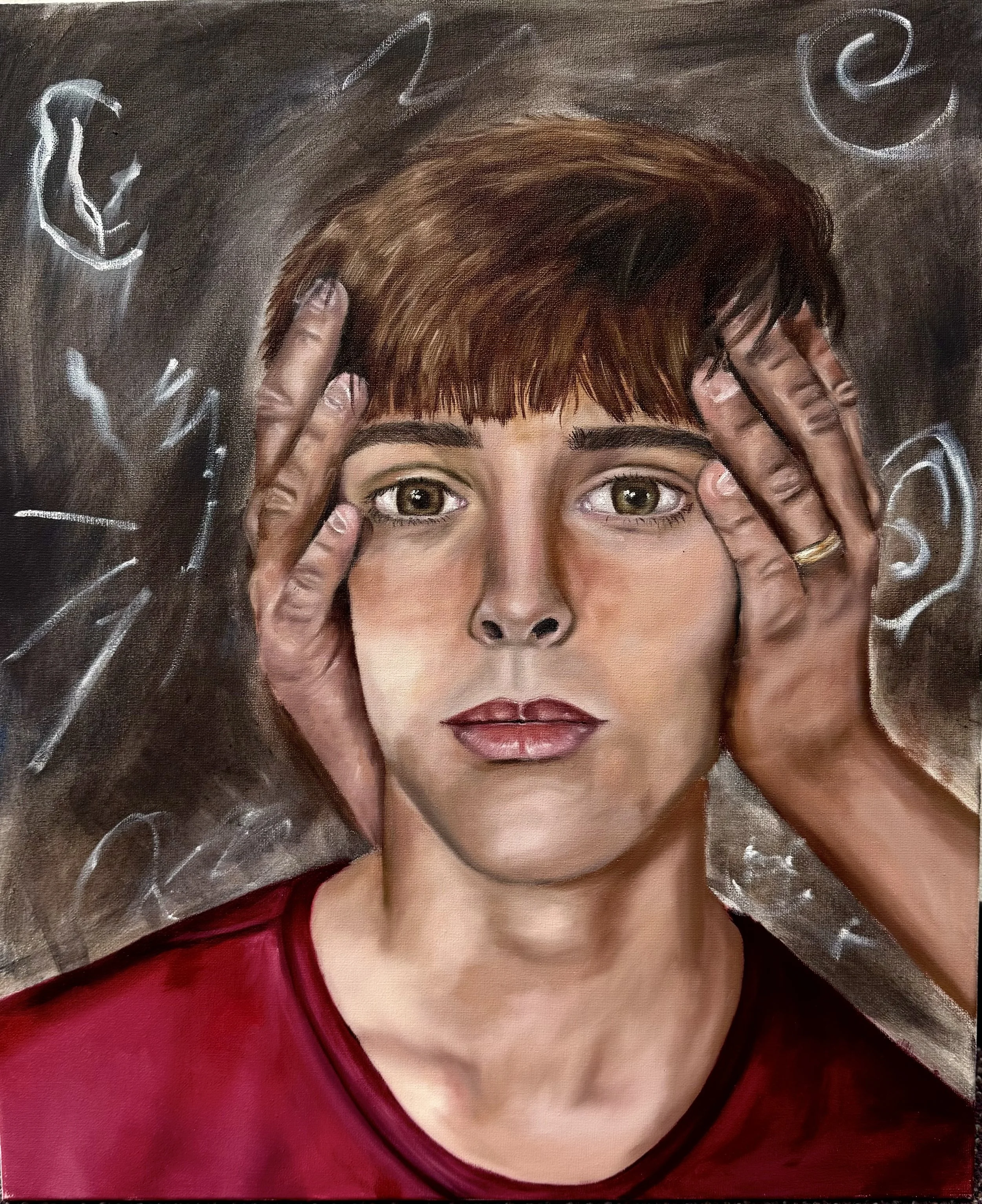 “Hear No Evil”, 2025, oil on canvas, 20x24in. 