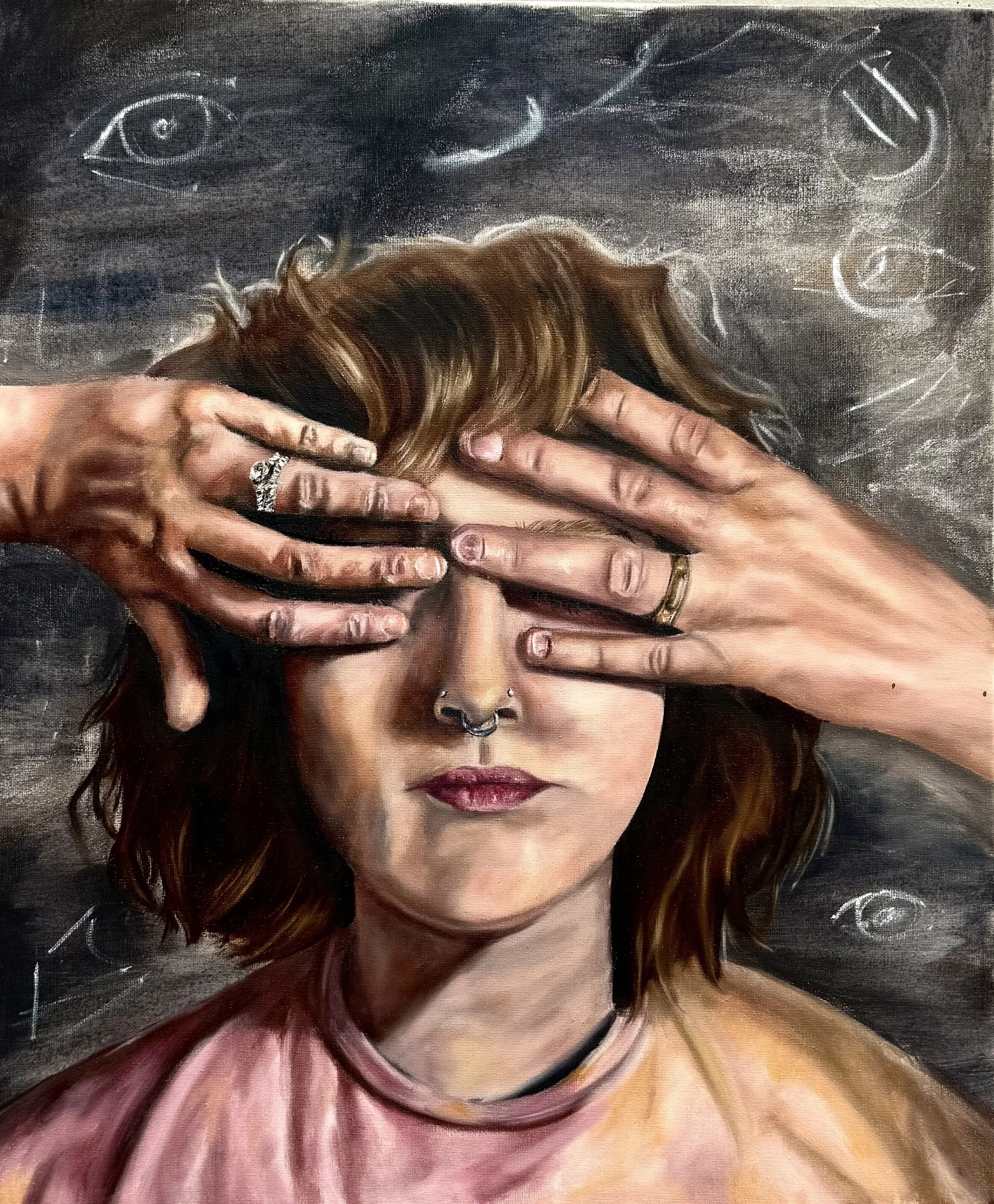“See No Evil” 2025, oil on canvas,  20x24