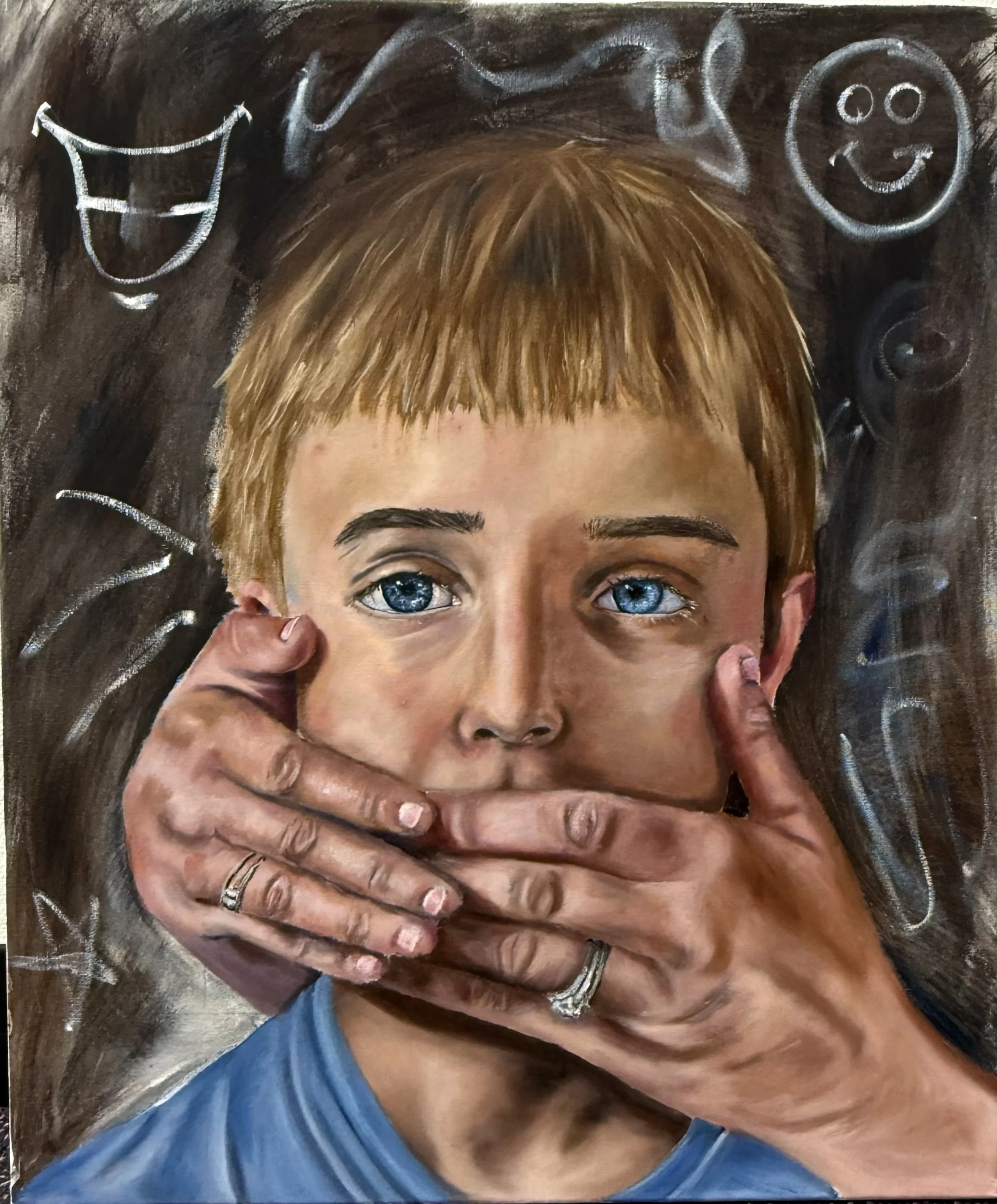 “Speak No Evil”, 2025, oil on canvas, 20x24 in.