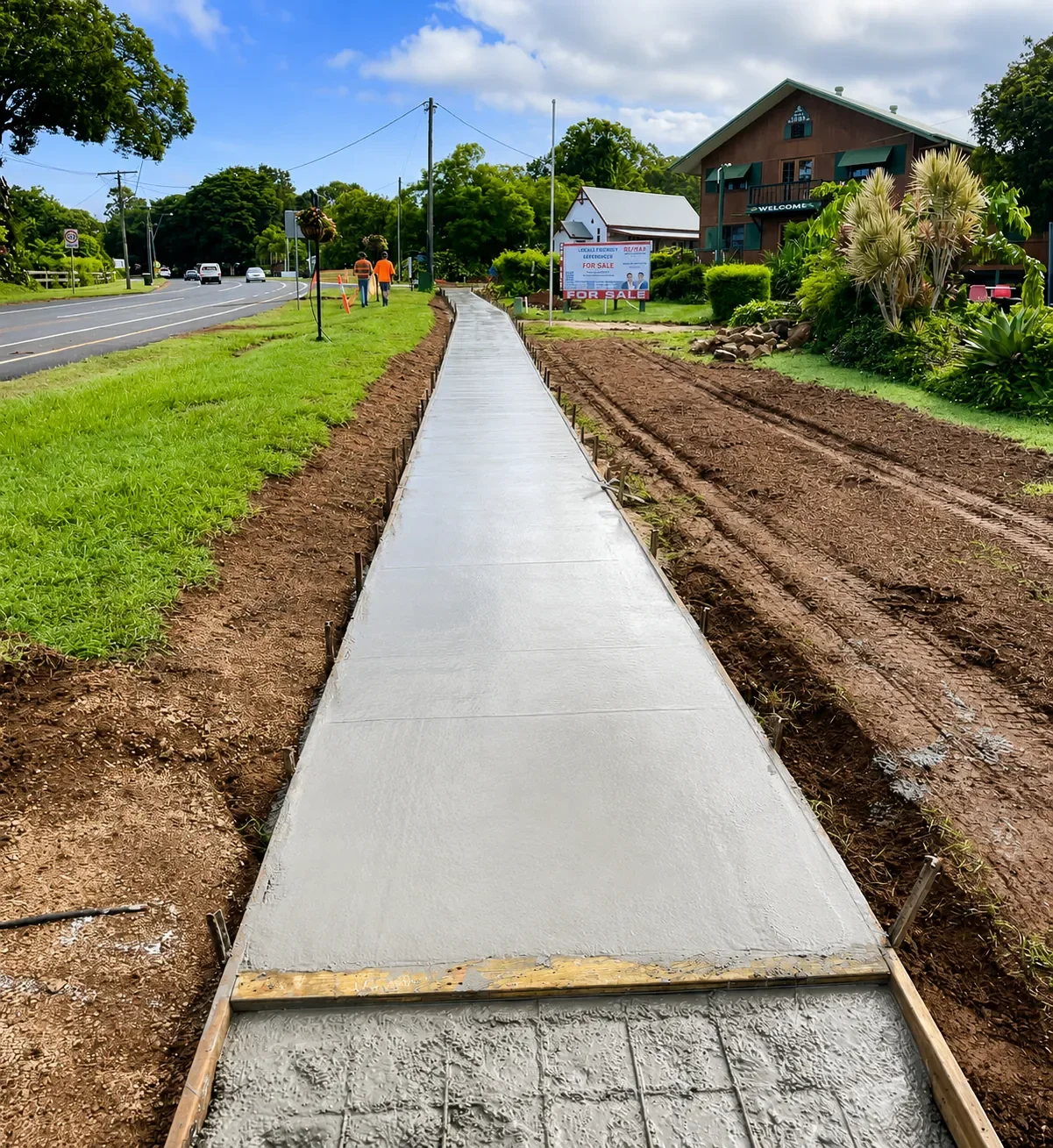New concrete roadside footpath under construction in Yungaburra on the Atherton Tablelands.