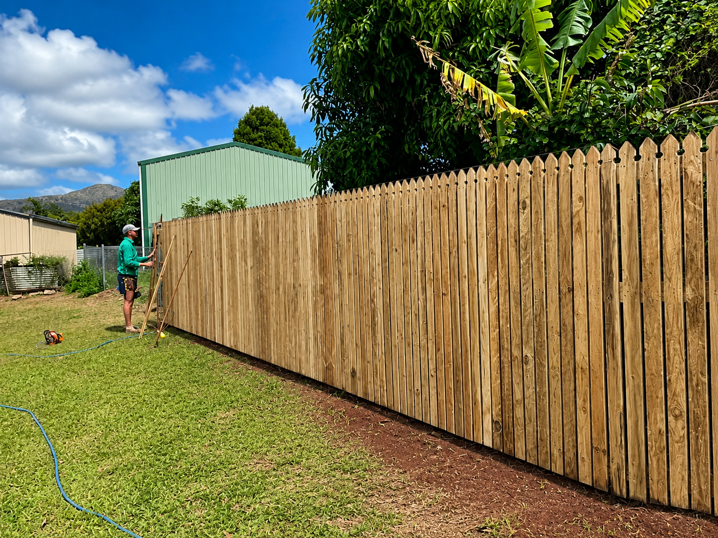 A person working on installing a wooden fence in a backyard with green grass, trees, and buildings nearby under a partly cloudy sky.