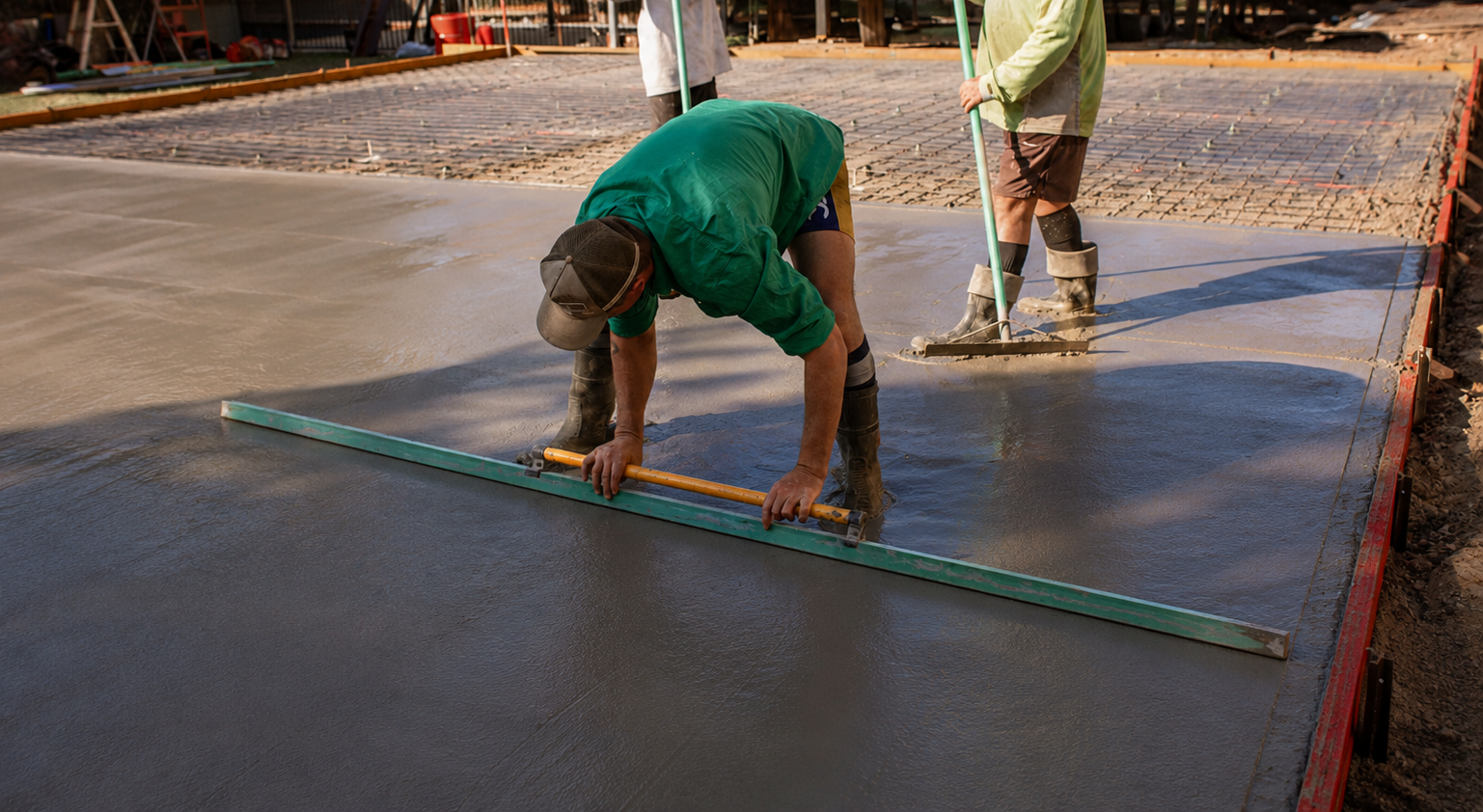 Workers pouring and smoothing concrete on a construction site during daytime.