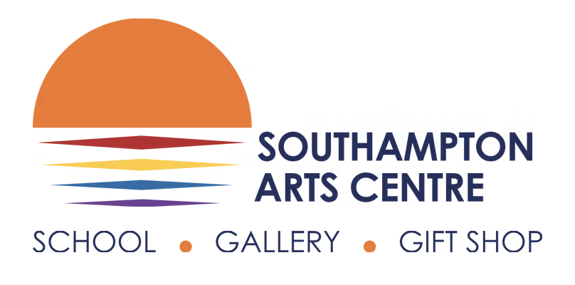 Logo for Southampton Arts Centre featuring a stylized orange sun with horizontal colorful lines below, and text indicating it is a school, gallery, and gift shop.