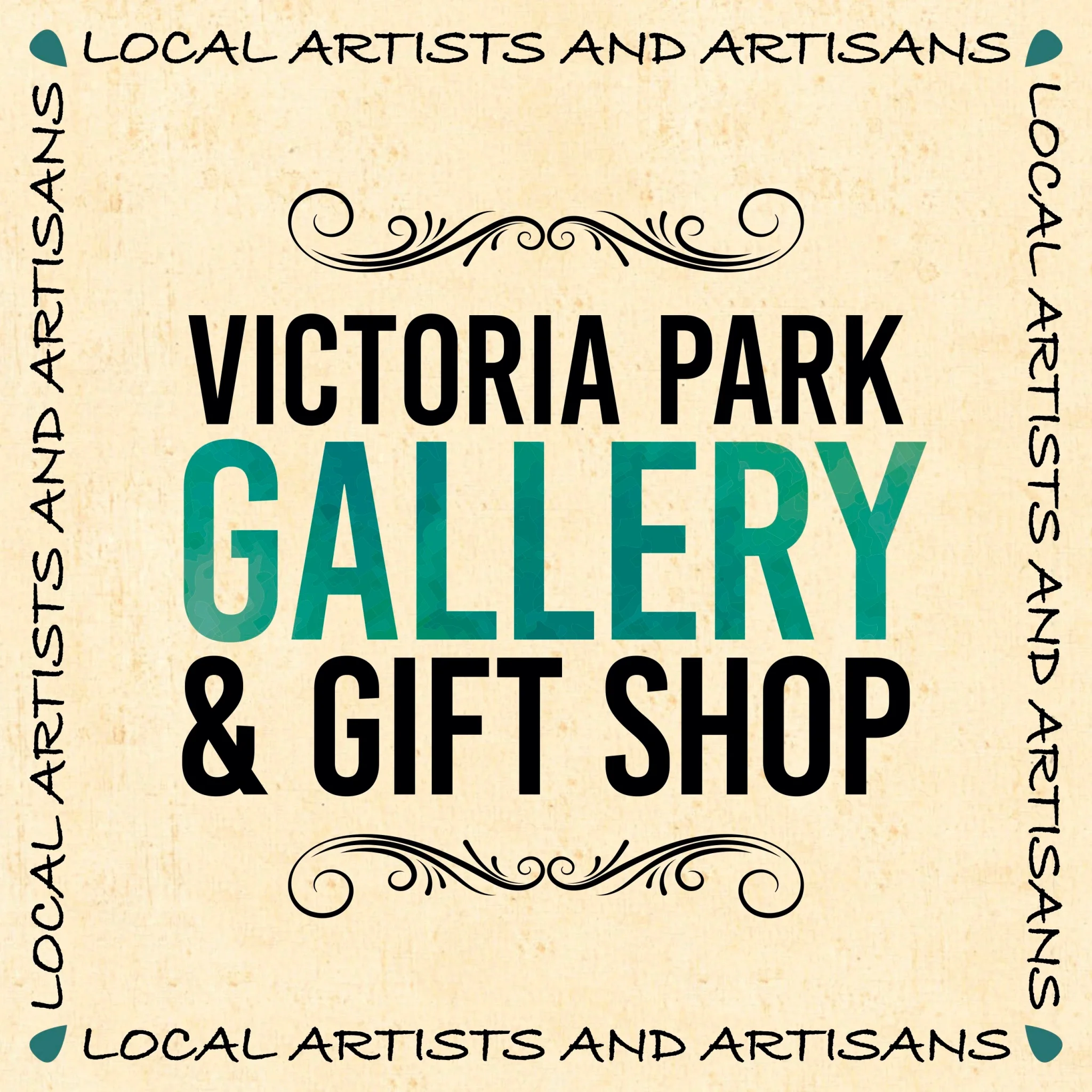 Sign reading 'Victoria Park' promoting local artists and artisans with decorative border elements.
