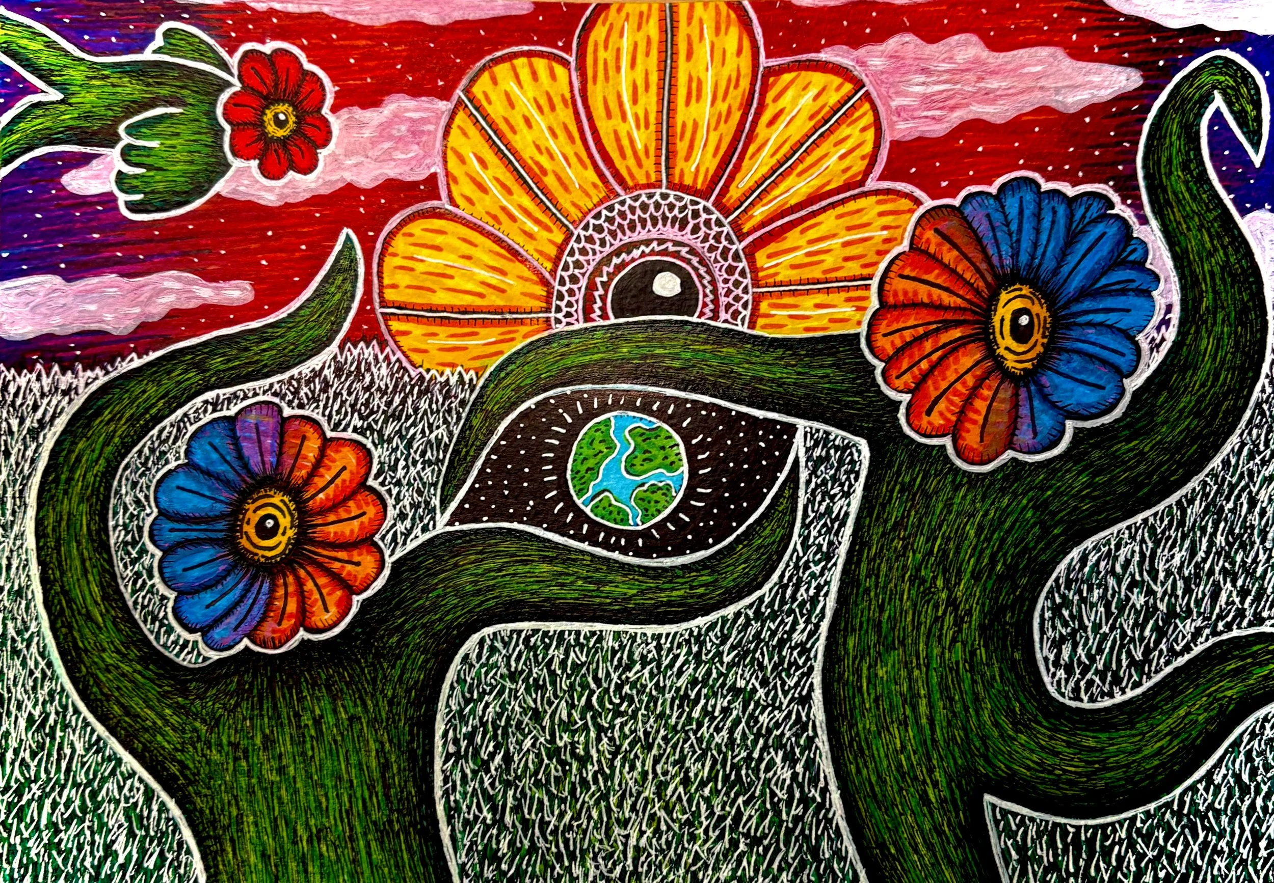Colorful artwork with large flowers in red, blue, and orange, surrounded by green foliage, a depiction of the Earth, and a sunset or sunrise sky with pink and red clouds.