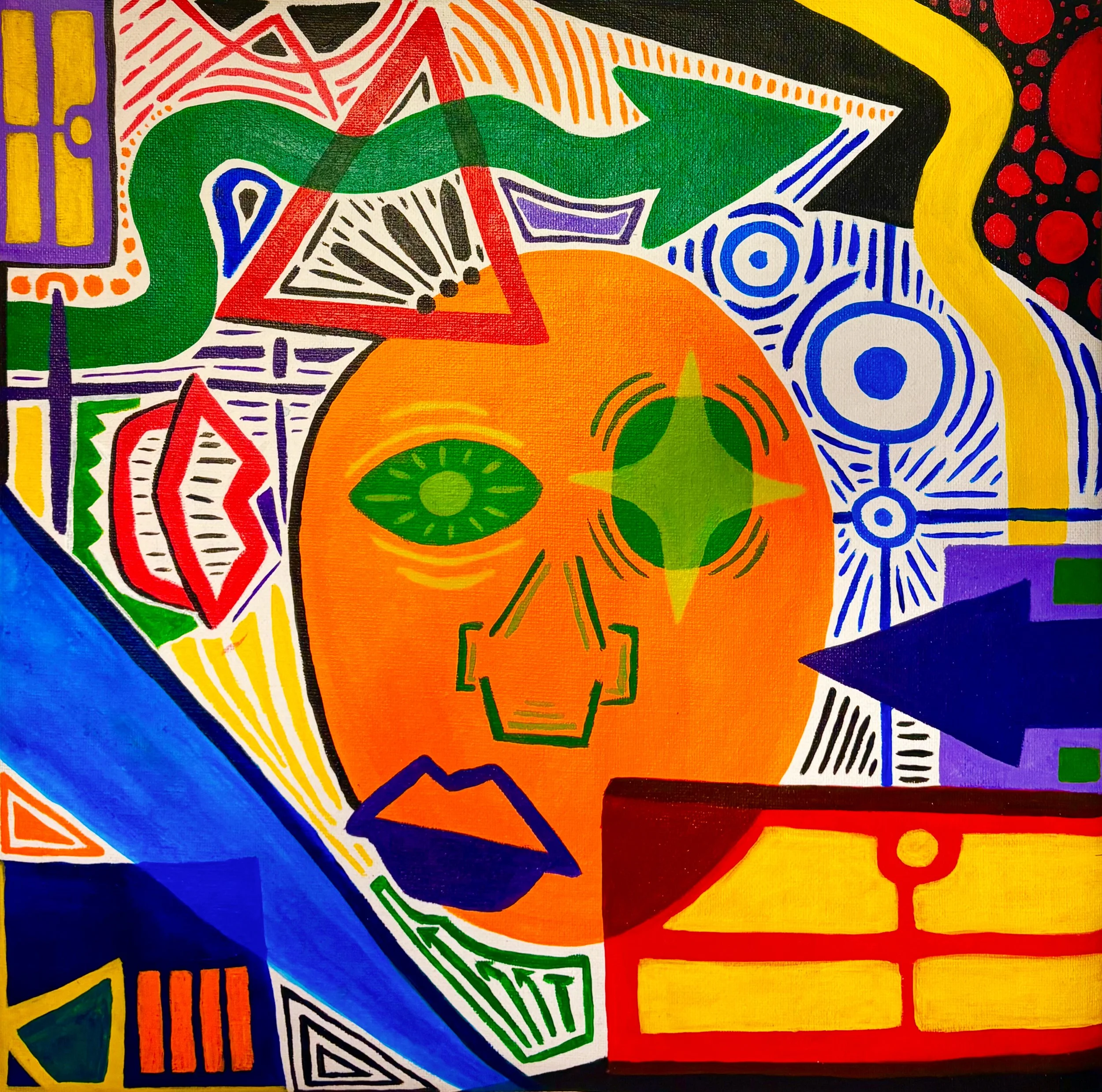 A colorful abstract painting with various geometric shapes, lines, and patterns in red, green, blue, yellow, black, orange, and purple.