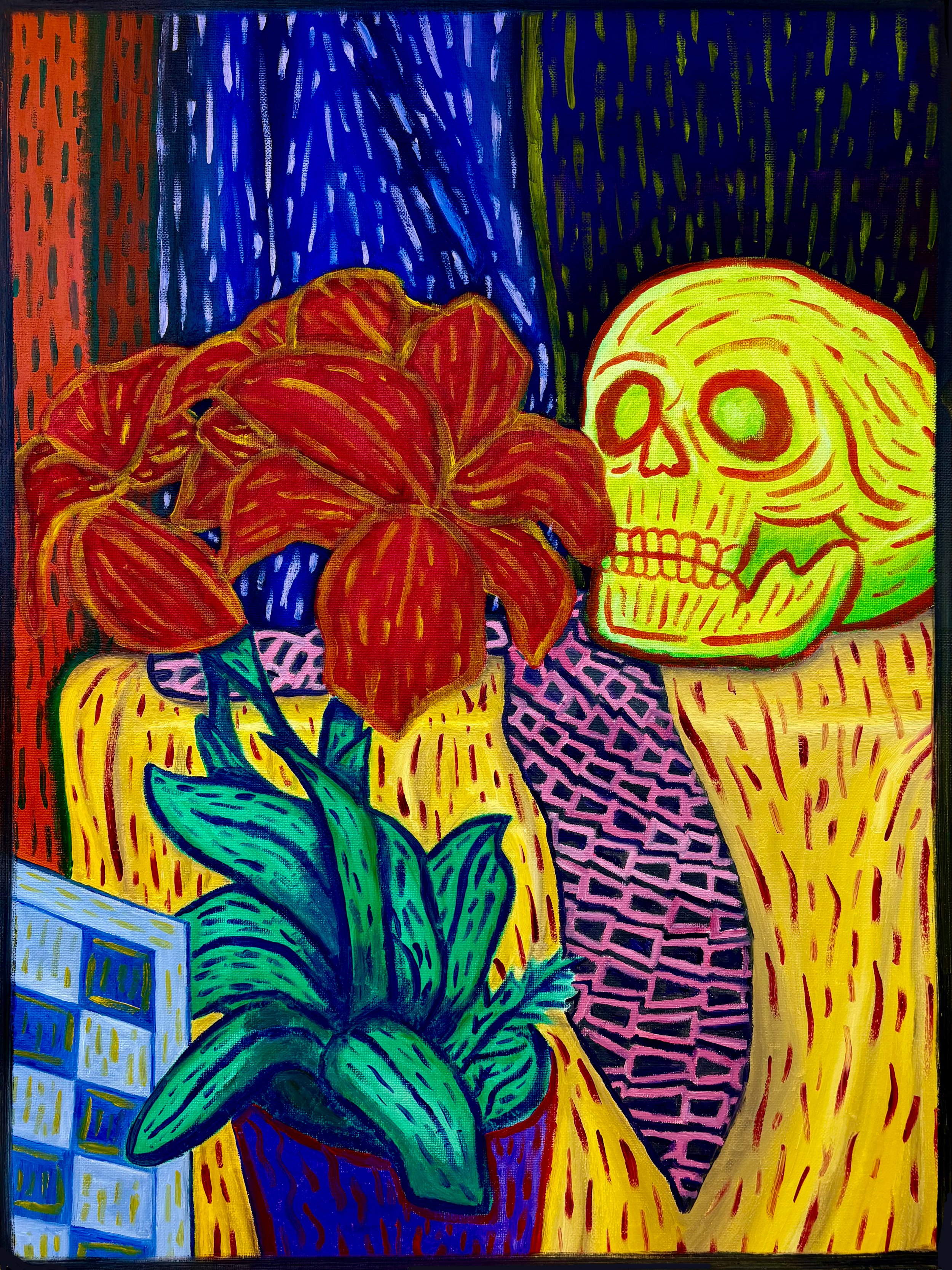 Bright, colorful painting of a yellow skull with hollow eyes and a nose, surrounded by red flowers with yellow outlines, green leaves, and a blue patterned background on the left side, with a dark background on the right.