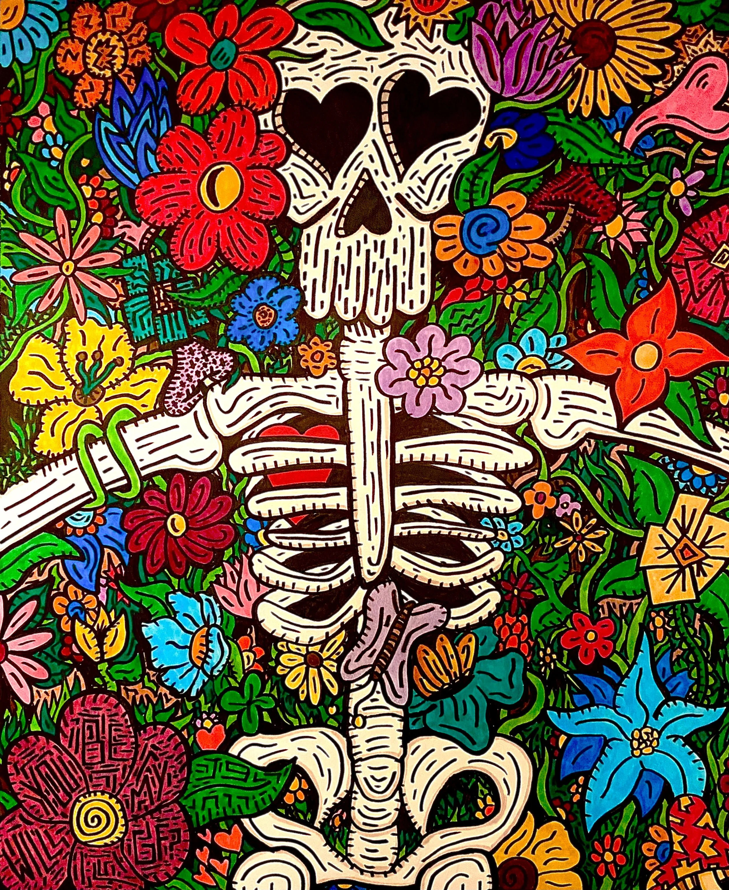 A colorful illustration of a human skull surrounded by vibrant flowers and green foliage.
