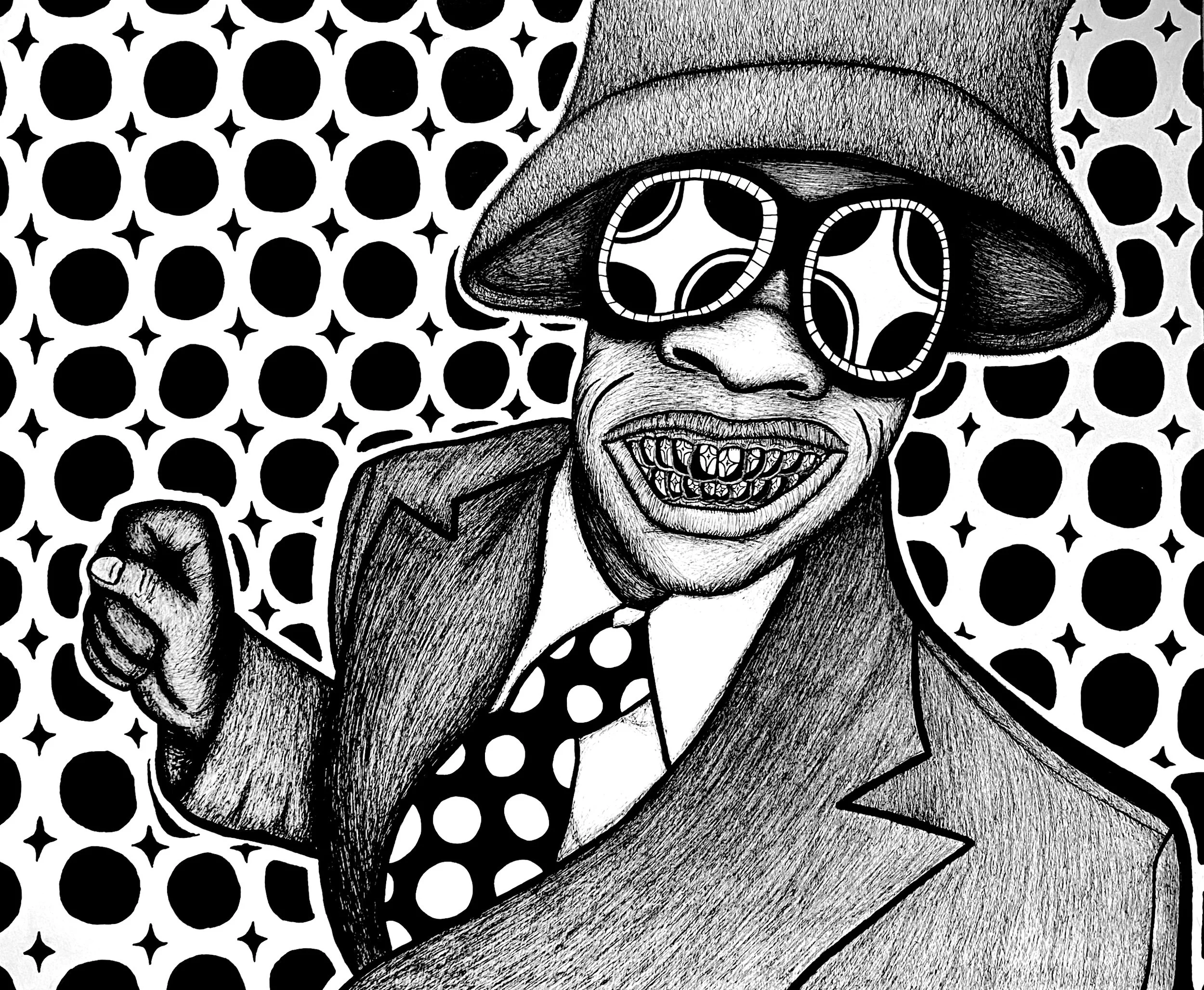 A black and white drawing of a person wearing sunglasses and a suit and tie with a pattern of circles and stars in the background.