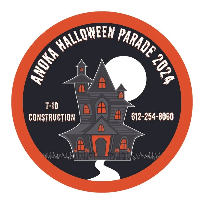 A circular logo with a Halloween theme, featuring a haunted house with orange windows, a full moon, and Halloween decorations, promoting a construction company in Anoka, MN for Halloween Parade 2024.
