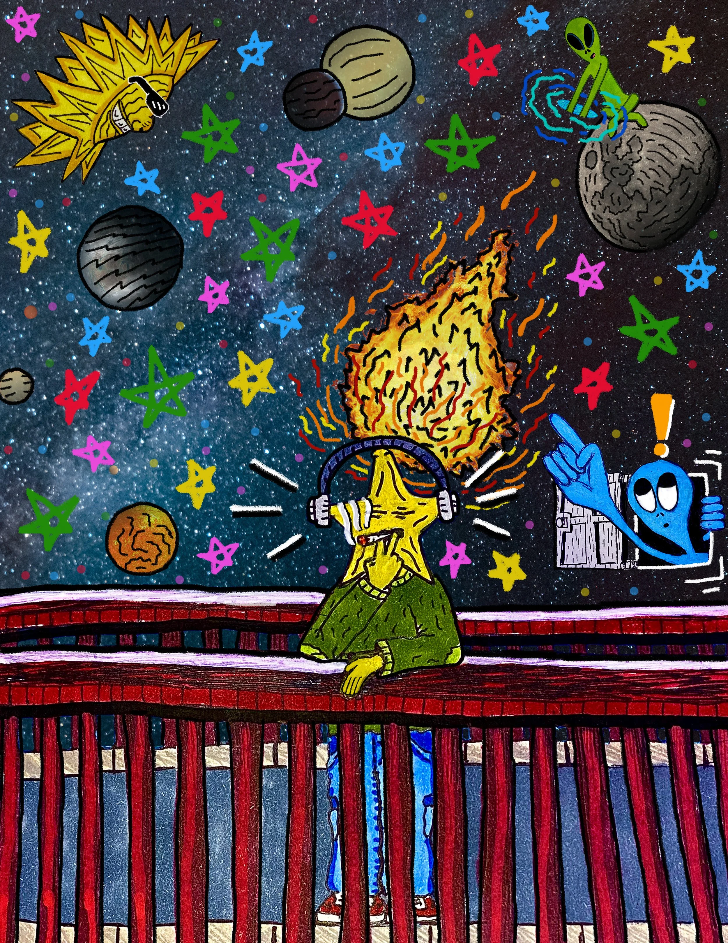 A colorful, cartoon-style depiction of a scene in space with planets, stars, a meteor, an alien, and a star person smoking while on a bridge.