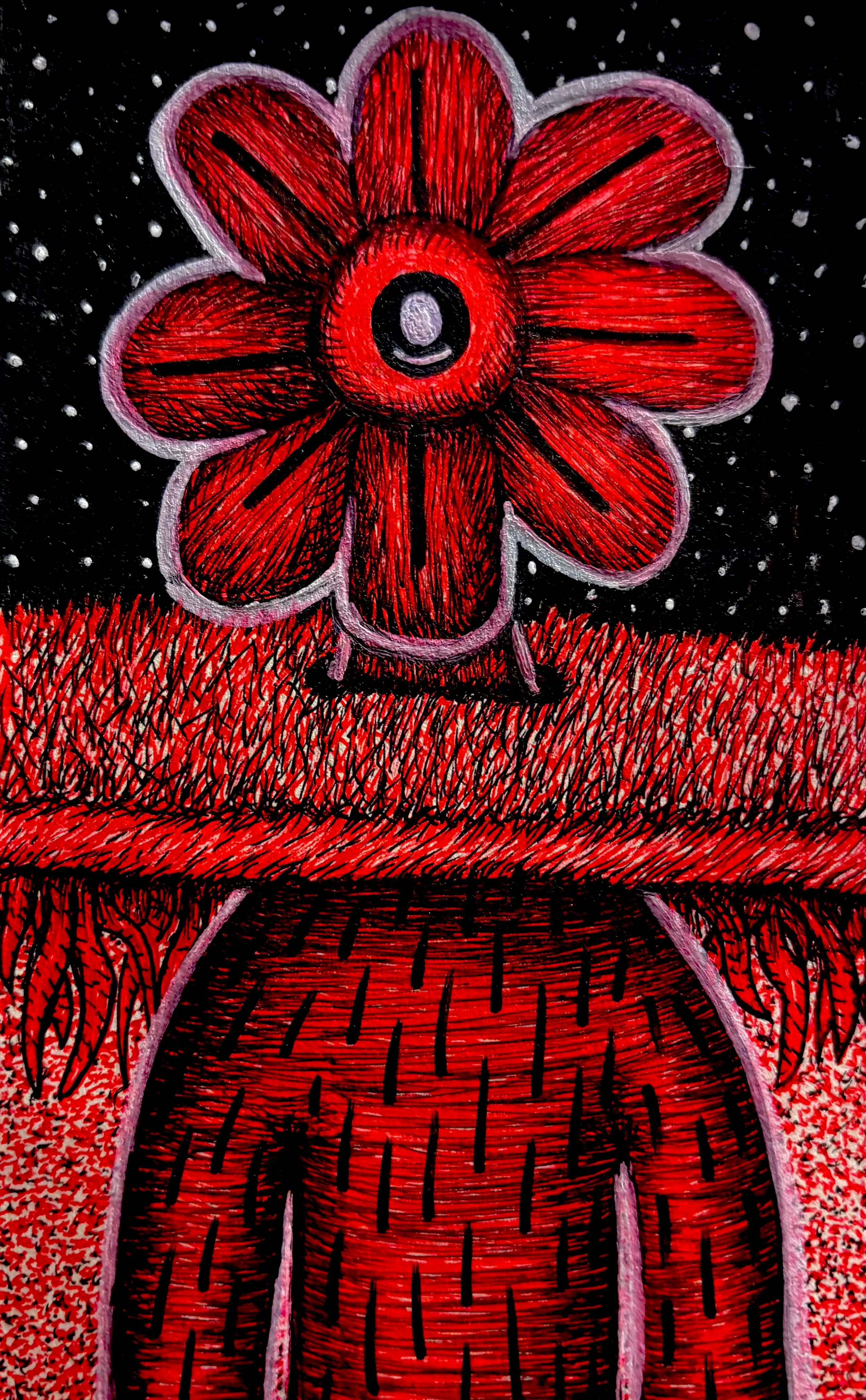 A red flower with seven petals and a large eye in the center, drawn on a black background with white dots, above red textured ground.