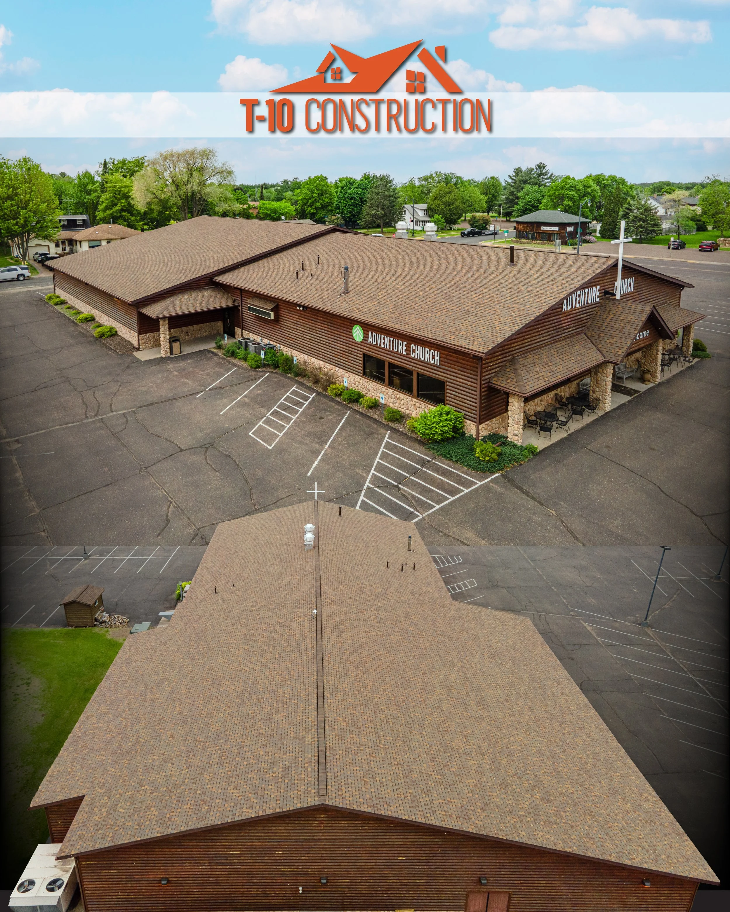 Aerial view of a large building with a brown roof labeled 'Adventure Church'. Parking lot surrounds the building with no cars parked. The area is landscaped with green trees and grass, and a small shed is visible in the bottom left corner.