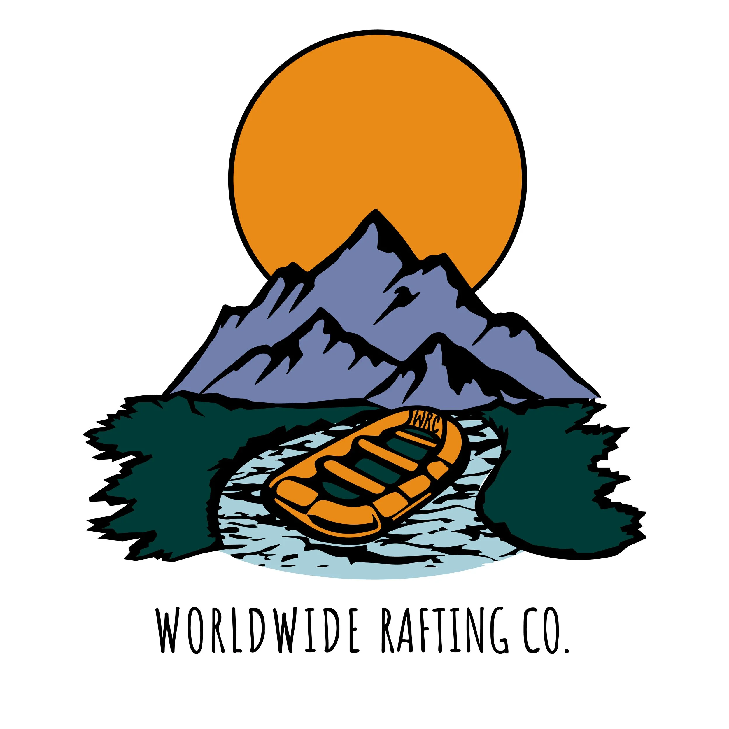 Logo with a mountain, orange sun, and text that reads 'Worldwide Rafting Co.'