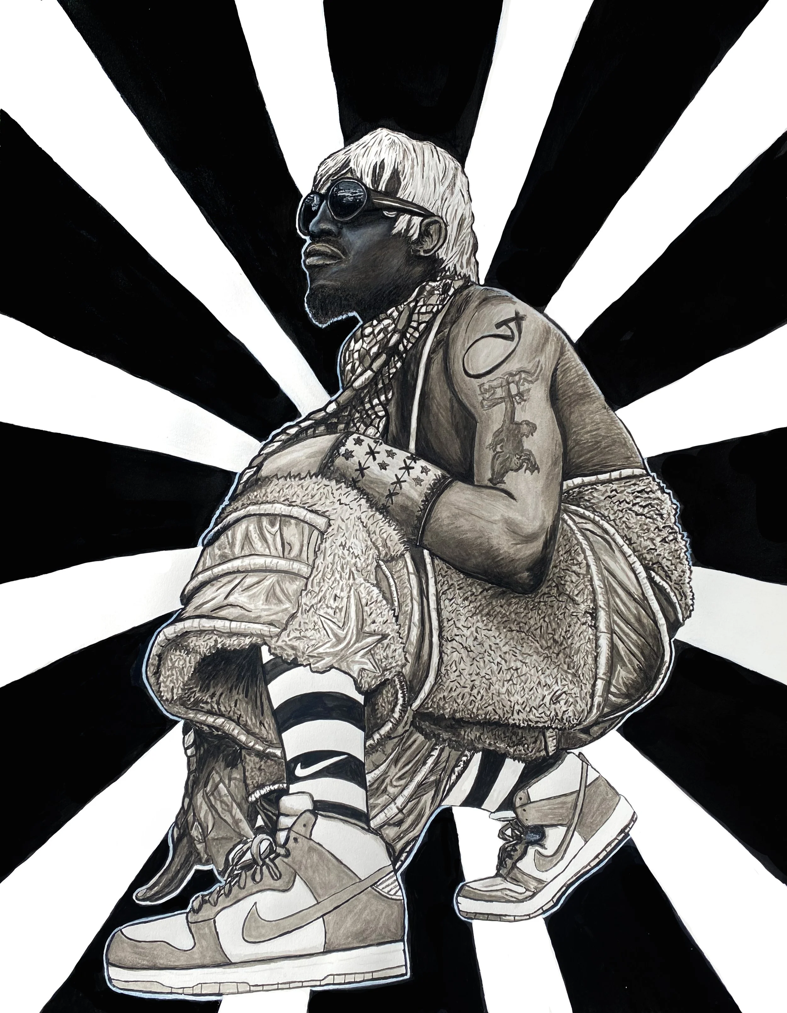 A black and white illustration of Andre 3000 wearing sunglasses, a wig, and sneakers, set against a radial black and white background.