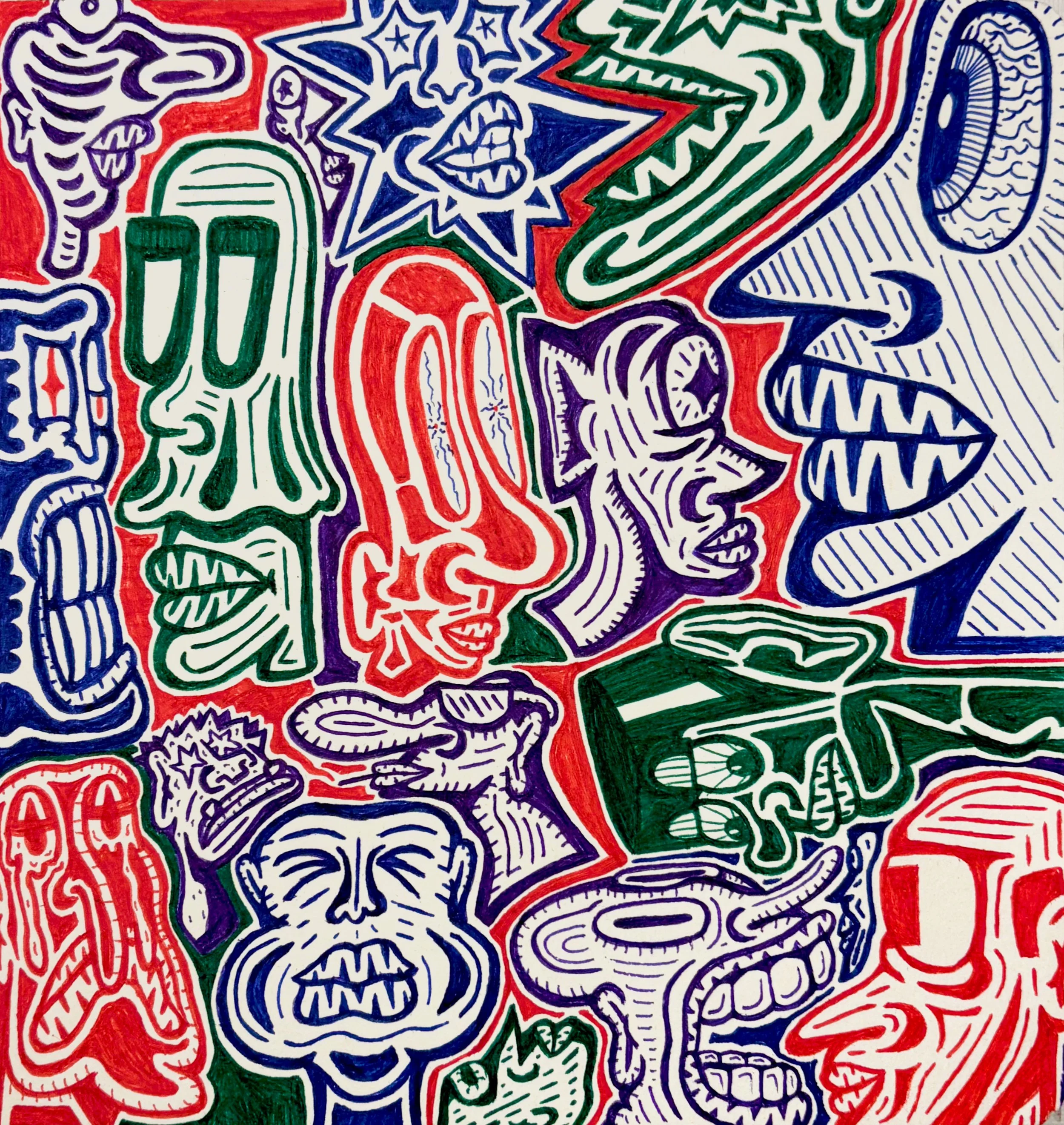 Colorful abstract drawing with various shapes and patterns, including faces and geometric designs, primarily in red, blue, green, and purple.