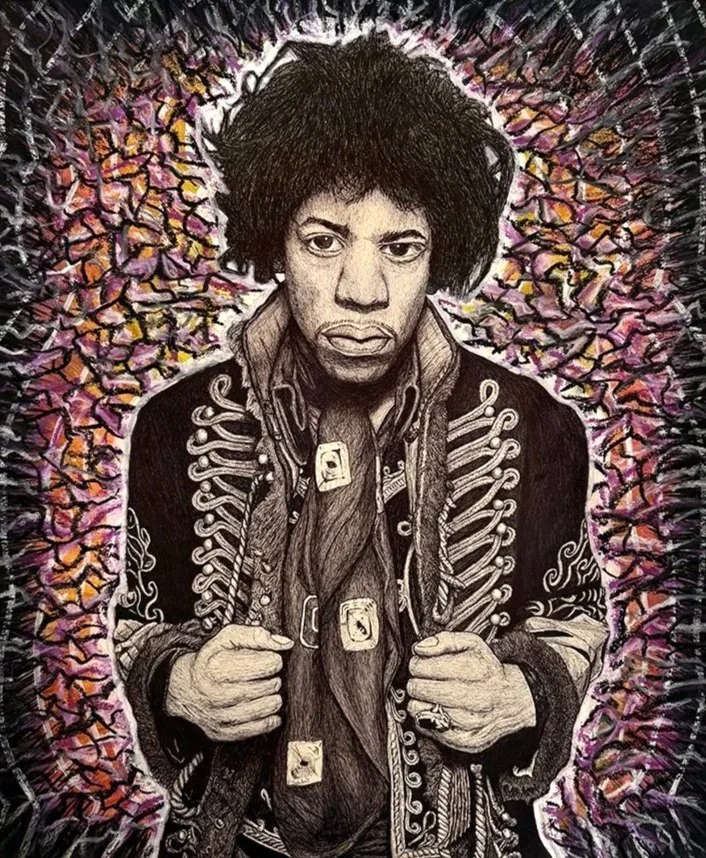 A detailed black and white drawing of Jimi Hendrix The background features swirling colorful patterns in pink, purple, orange, and yellow.