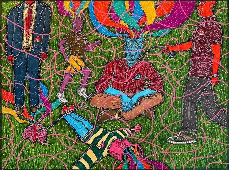 A surreal, colorful painting of a group gathered outdoors on green grass, connected by pink lines resembling neural or electrical connections. One figure in the center with a blue face, wearing a red shirt, is sitting with closed eyes. Another figure lying on the ground has striped clothing. The scene is vibrant and abstract, with intense colors and imaginative elements.