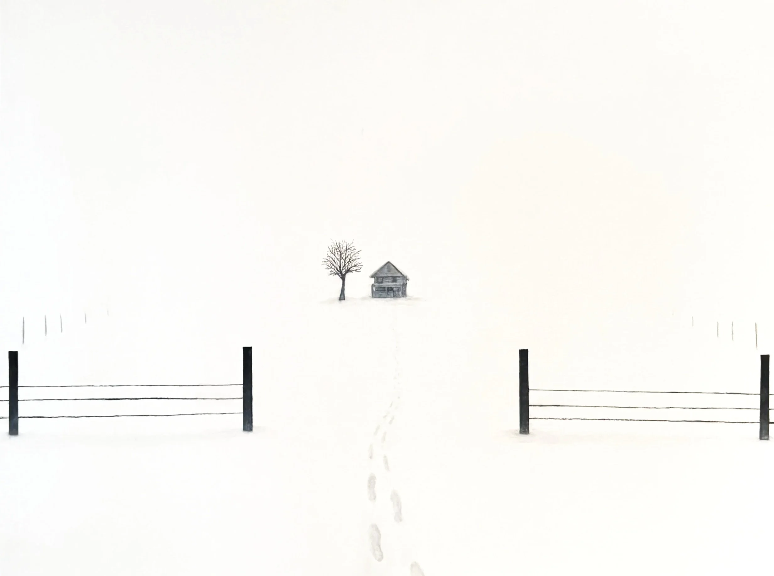 A snow-covered landscape with a small wooden house, a leafless tree, and a fence in the distance, under an overcast sky.