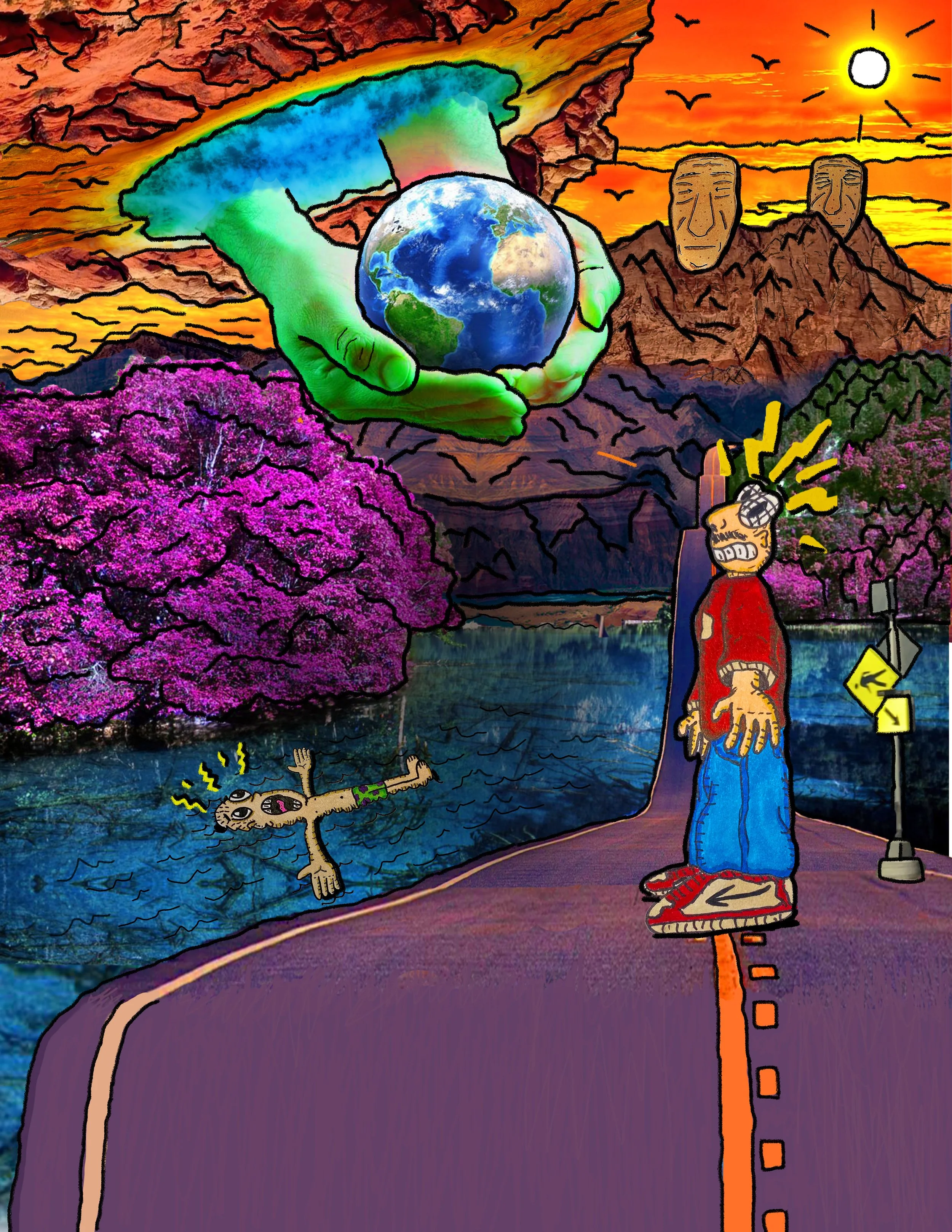 A surreal drawing of a landscape at sunset with pink flowering trees, mountains with statues, a hand holding the Earth, and a person standing on a purple road with a warning sign and a road strip.