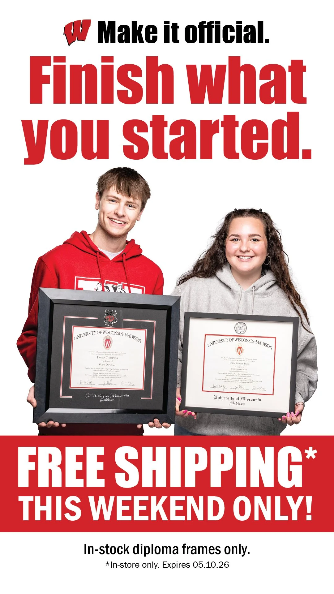 Two young adults holding diploma frames, smiling, with promotional text about free shipping on diploma frames this weekend only.